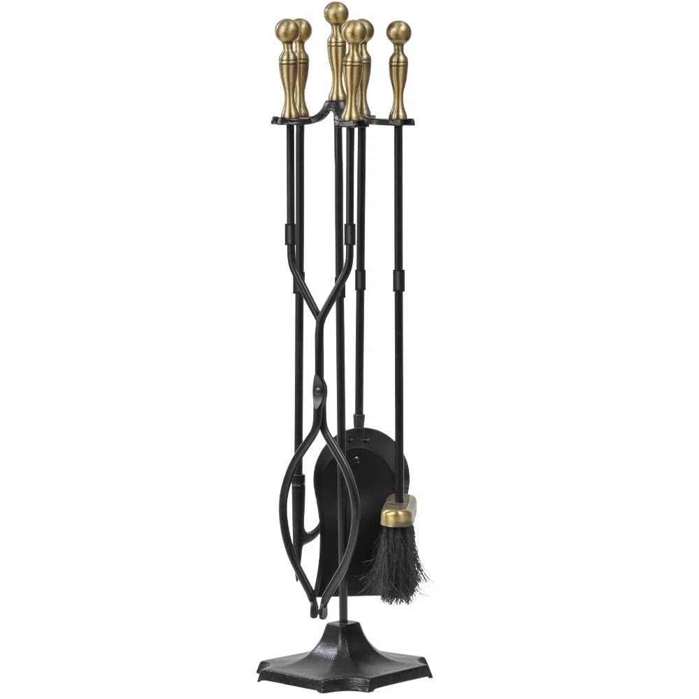Amagabeli Kaminbesteck mit Messinggriffen, Schmiedeeisen und Halter, 67,3 cm, für drinnen und draußen, Feuerstelle, Ständer, Zange, Schaufel, Bürste, Schornstein, Schürhaken, Holzofen, Kaminzubehör
