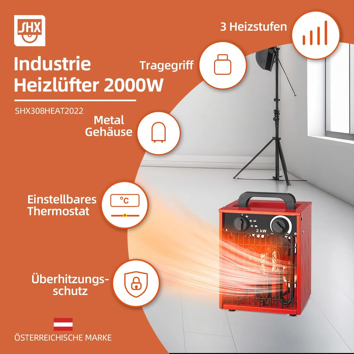 SHX Industrie-Heizlüfter 2000W SHX308HEAT2022 – 2000 Watt, Heizelement aus rostfreiem Stahl, 3 Betriebsmodi, spritzwassergeschützt, einstellb. Thermostat, Überhitzungsschutz, Tragegriff, rot/schwarz