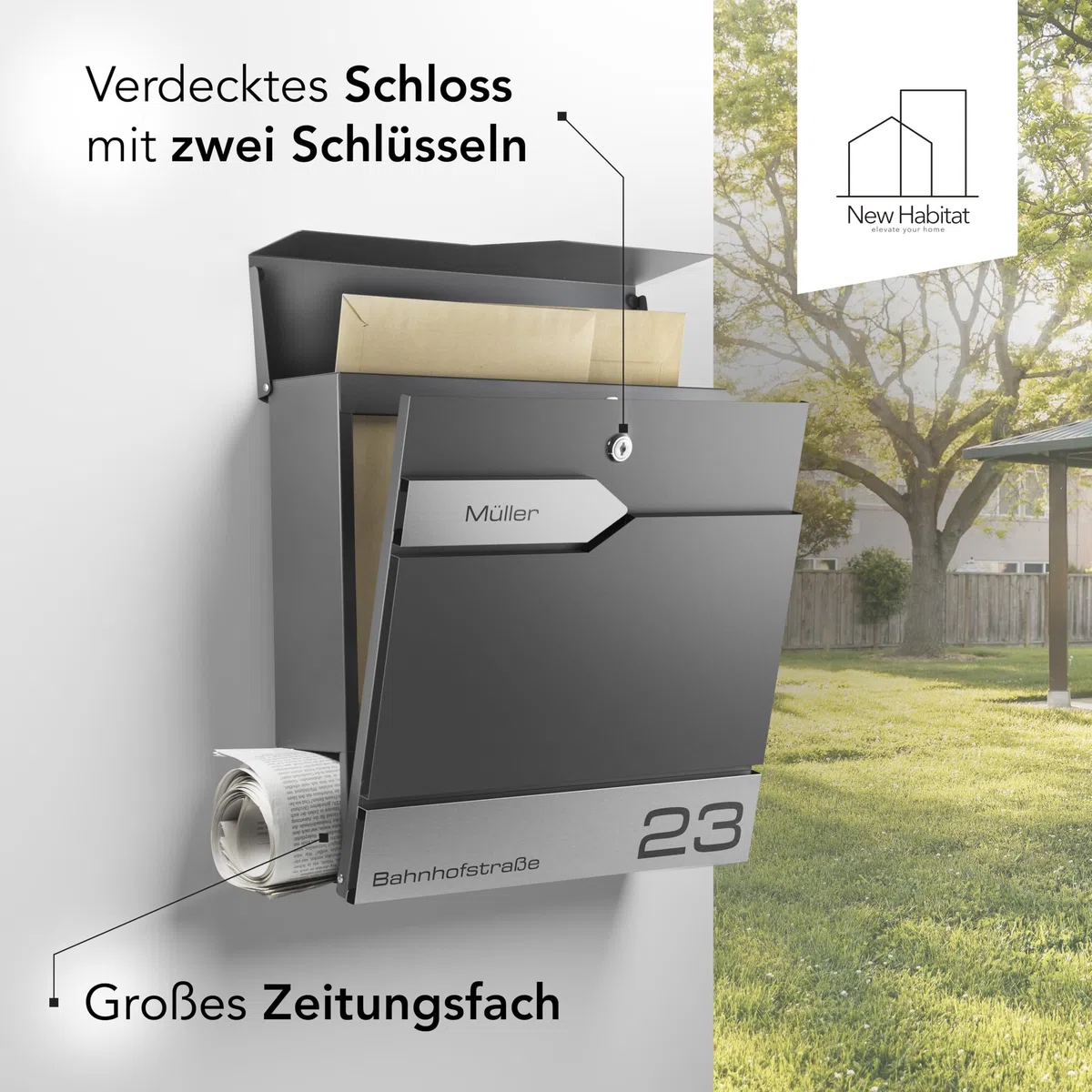 Moderner Briefkasten Personalisierbar Sydney Anthrazit RAL7016 - mit Zeitungsfach - Wandbriefkasten mit Edelstahl Namensschild und Hausnummer Gravur I Rostfrei und UV-beständig (Mit Gravur)