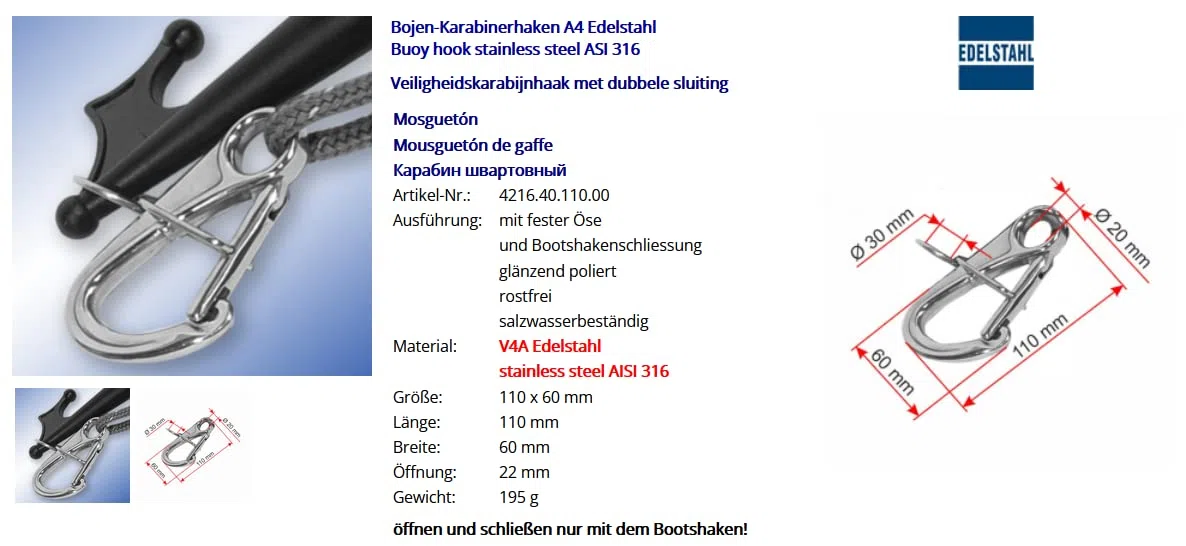 Bojen-Karabinerhaken A4 Edelstahl