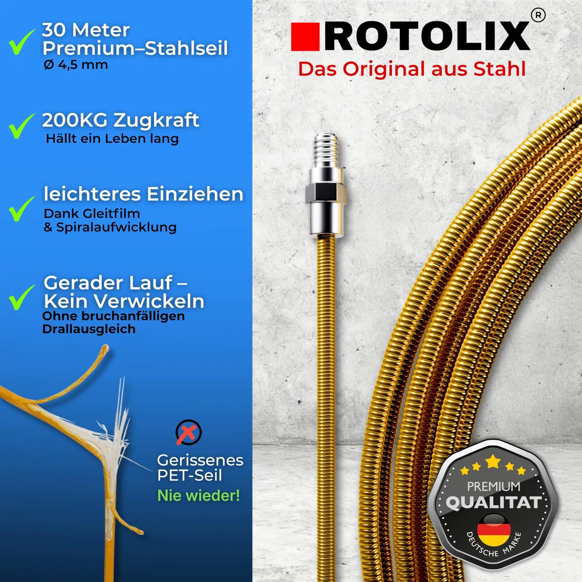 Kabeleinziehhilfe – Einziehspirale, 30m Kabel Einzugshilfe für Leerrohr mit Premium-STAHL-Seil & 200 KG Zugkraft | Einziehhilfe – Zugdraht für Elektro & Glasfaser