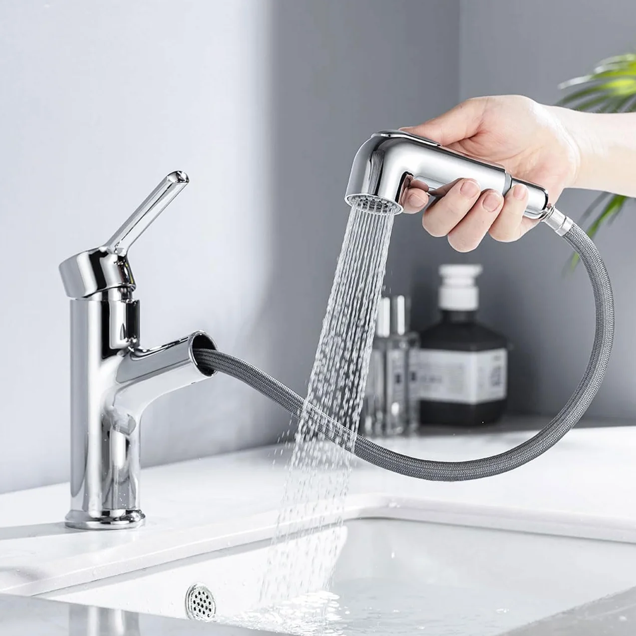ONECE Waschtischarmatur ausziehbar mit Brause, Wasserhahn Bad Armatur mit 2 Strahlarten, Badarmatur Waschbecken Einhebelmischer für Badezimmer, Chrom