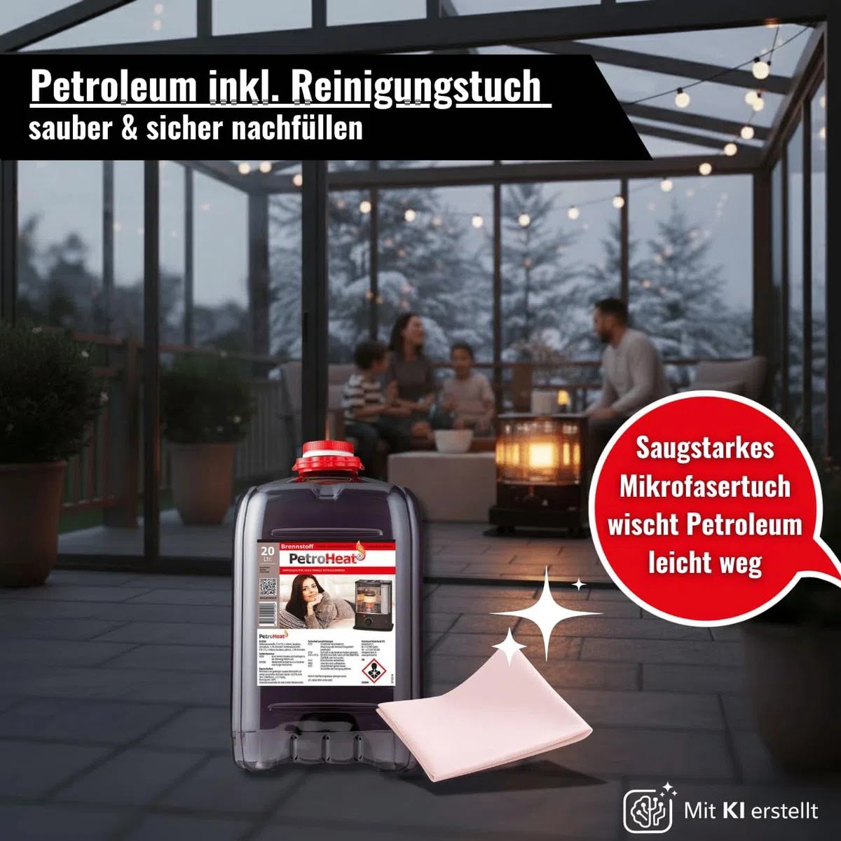 Petroleum 20l geruchsarm für Petroleumofen Heizofen Heizer Lampen Öllampe Heizgeräte Kamin Dochtbrenner Camping Werkstatt inkl. Reinigungstuch