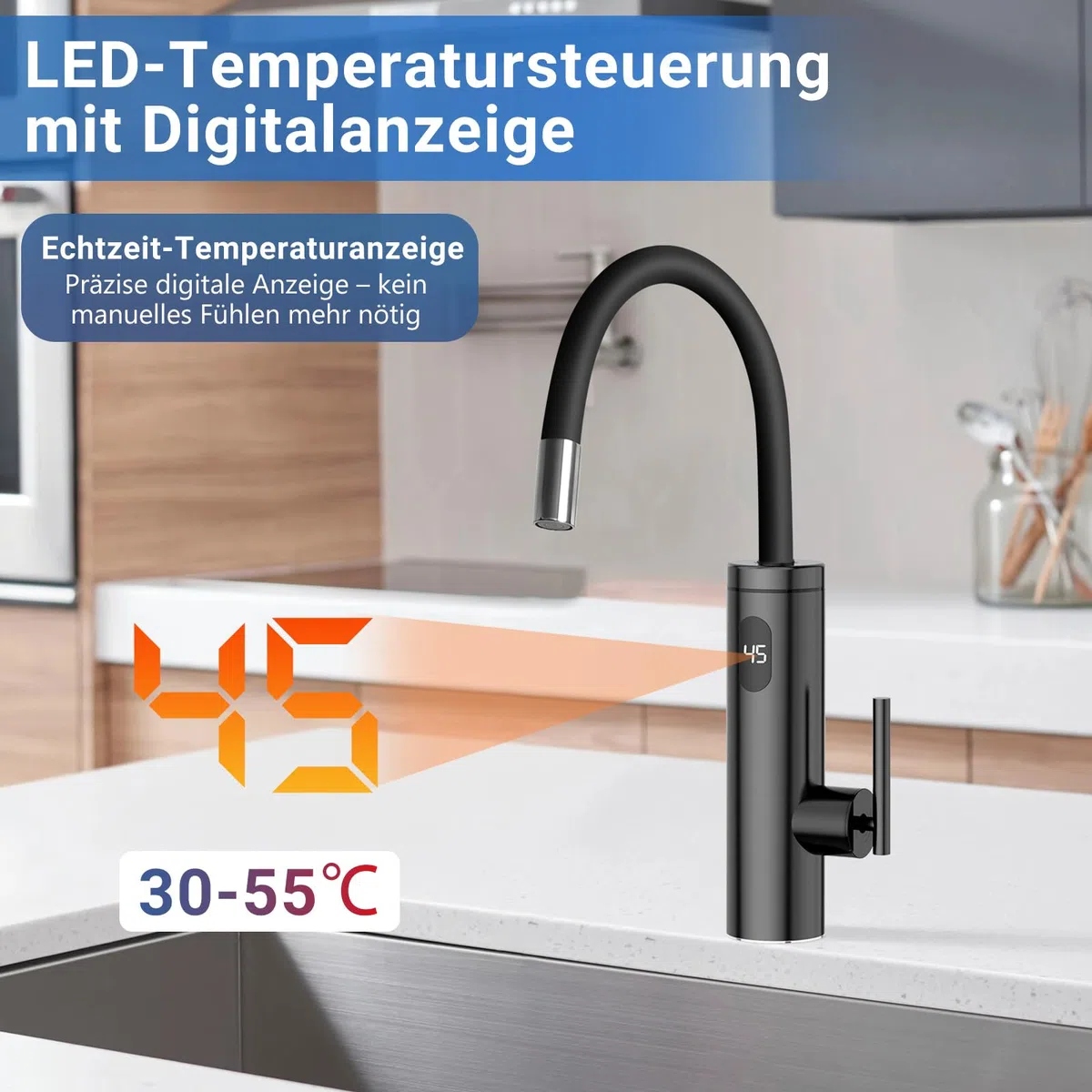 Wasserhahn mit Durchlauferhitzer, 3300W Edelstahl Elektrischer Wasserhahn mit Durchlauferhitzer mit 40cm Wasserversorgungsrohr, 360º Drehung LED Sofortiger Warmwasserhahn Schwarze