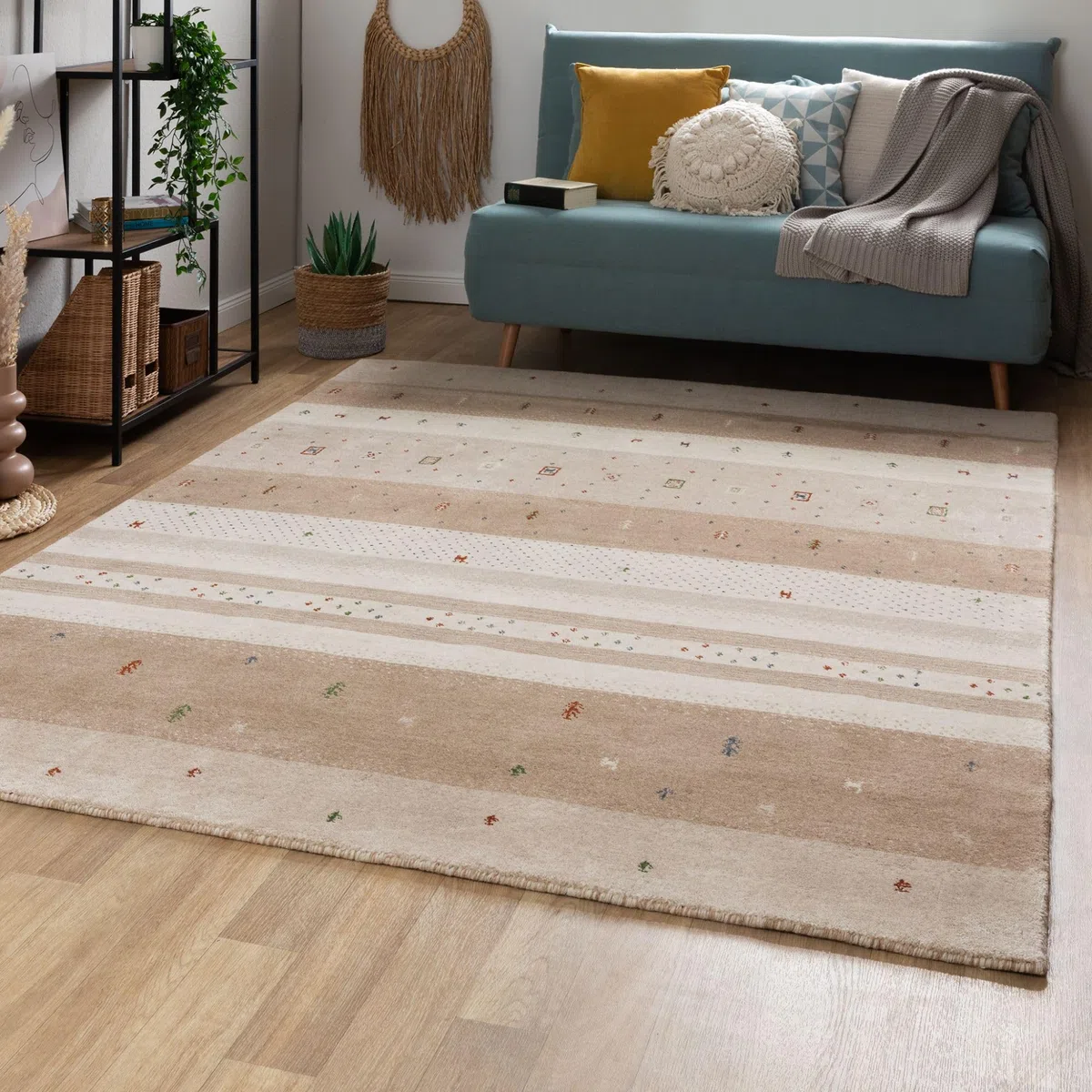 Steffensmeier Gabbeh Teppich Shiraz | Wolle, Beige, Größe: 70x140 cm Kurzflor Teppich für Wohnzimmer, Ethno Look