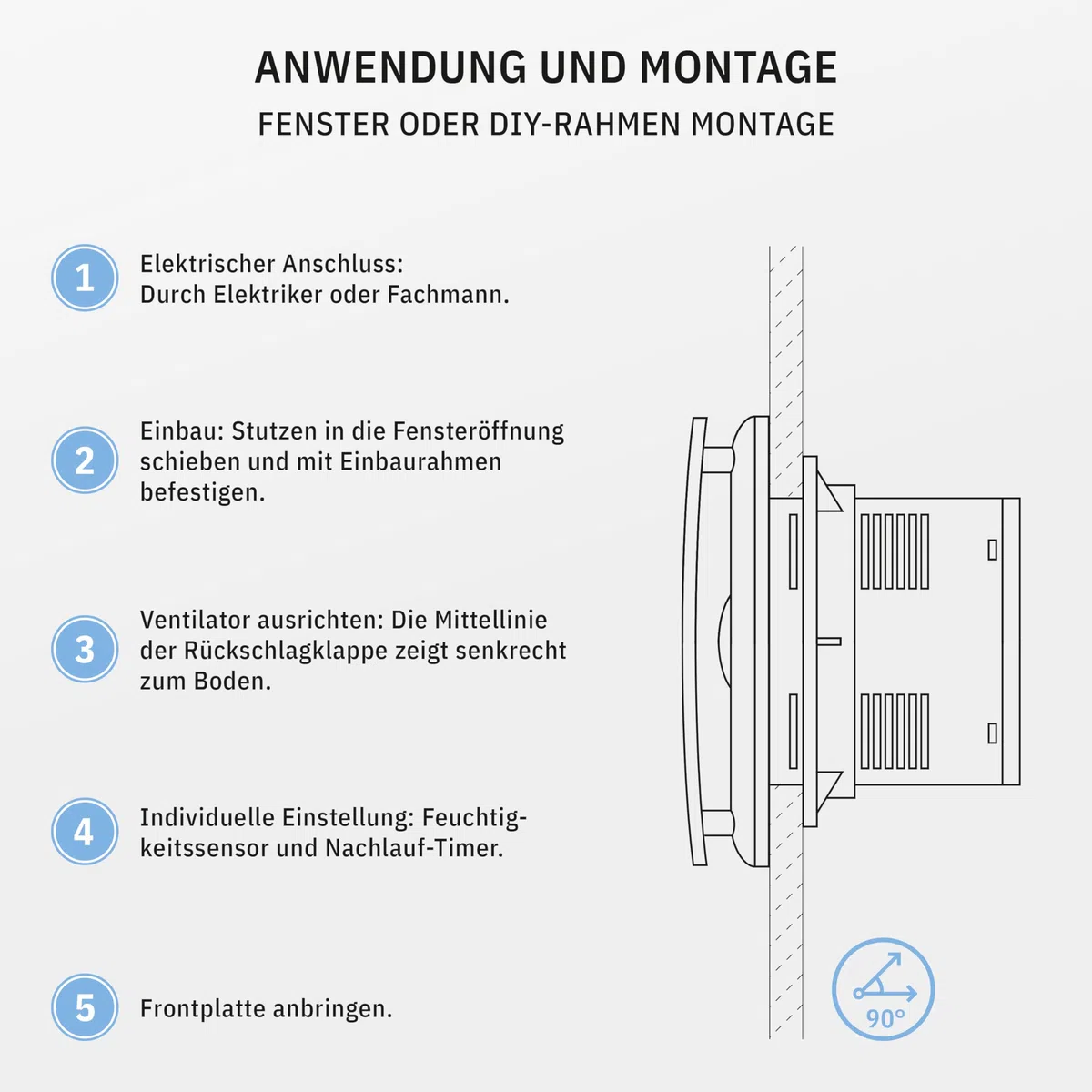 BREEZE Badlüfter 100mm Mit Nachlauf Und Rückstauklappe, Badlüfter Mit Feuchtigkeitssensor, Energieeffizient, Leise, Kunststoff 12 W, 95m³/h, 32db, Ipx4