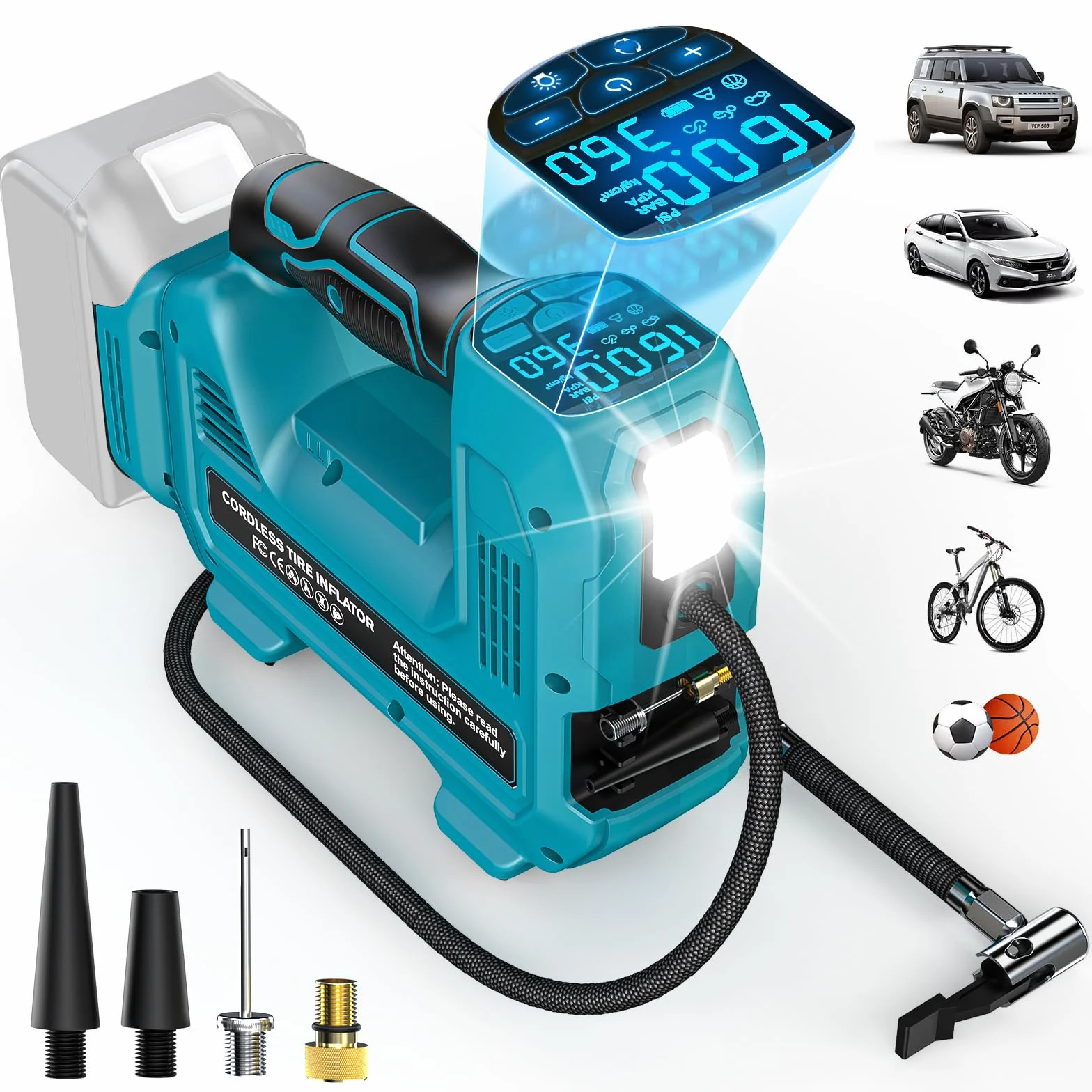 Ecarke Akku-Kompressor kompatibel mit Ma-kita 18V Akku, Max. 11 bar, Bürstenlosem Autokompressor mit Digitalem Manometer, Verlängerungsrohr und Düse für Auto, Motorrad, Fahrrad, Sportbälle - Ohne Akku