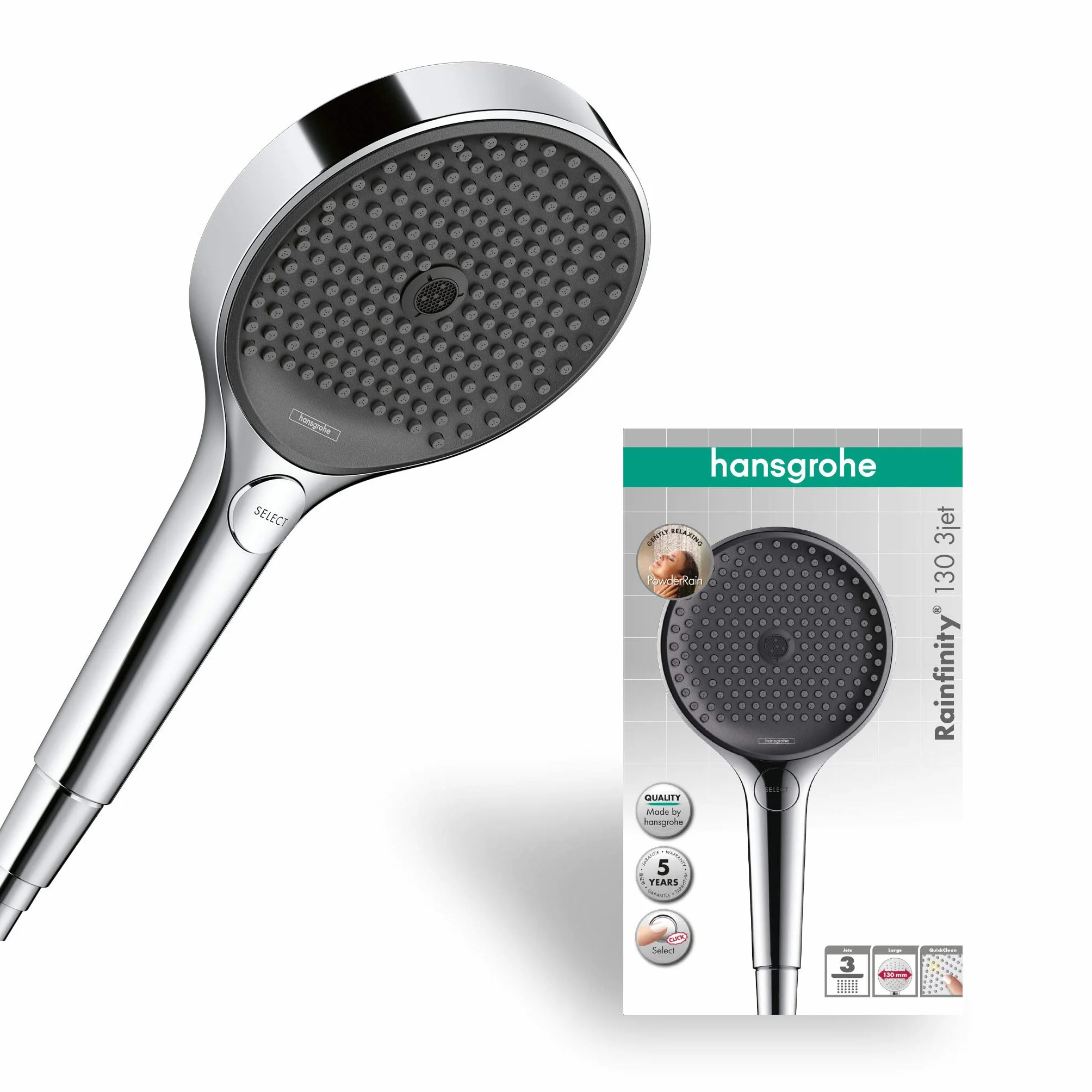 hansgrohe Rainfinity - Duschkopf, Handbrause mit 3 Strahlarten, runde Duschbrause (⌀ 130 mm), Brausekopf mit Antikalk-Funktion, Chrom
