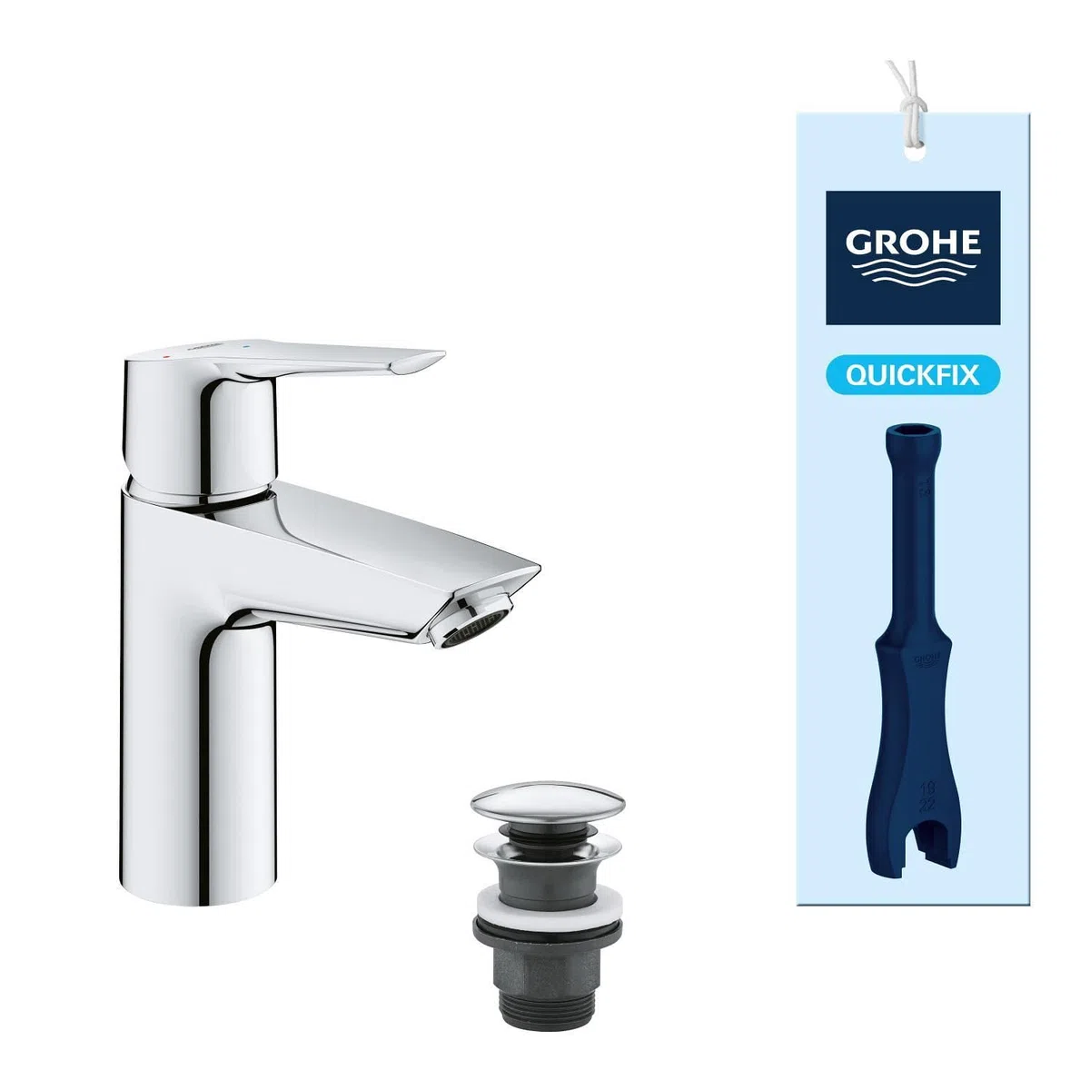 GROHE Start, energiesparende Waschtischarmatur, Kaltwasser in Mittelstellung (Wasserhahn für das Waschbecken im Bad, 17cm hoch, Badarmatur mit Pop-Up Ablauf, mit 3in1 Werkzeug), chrom, 23551002