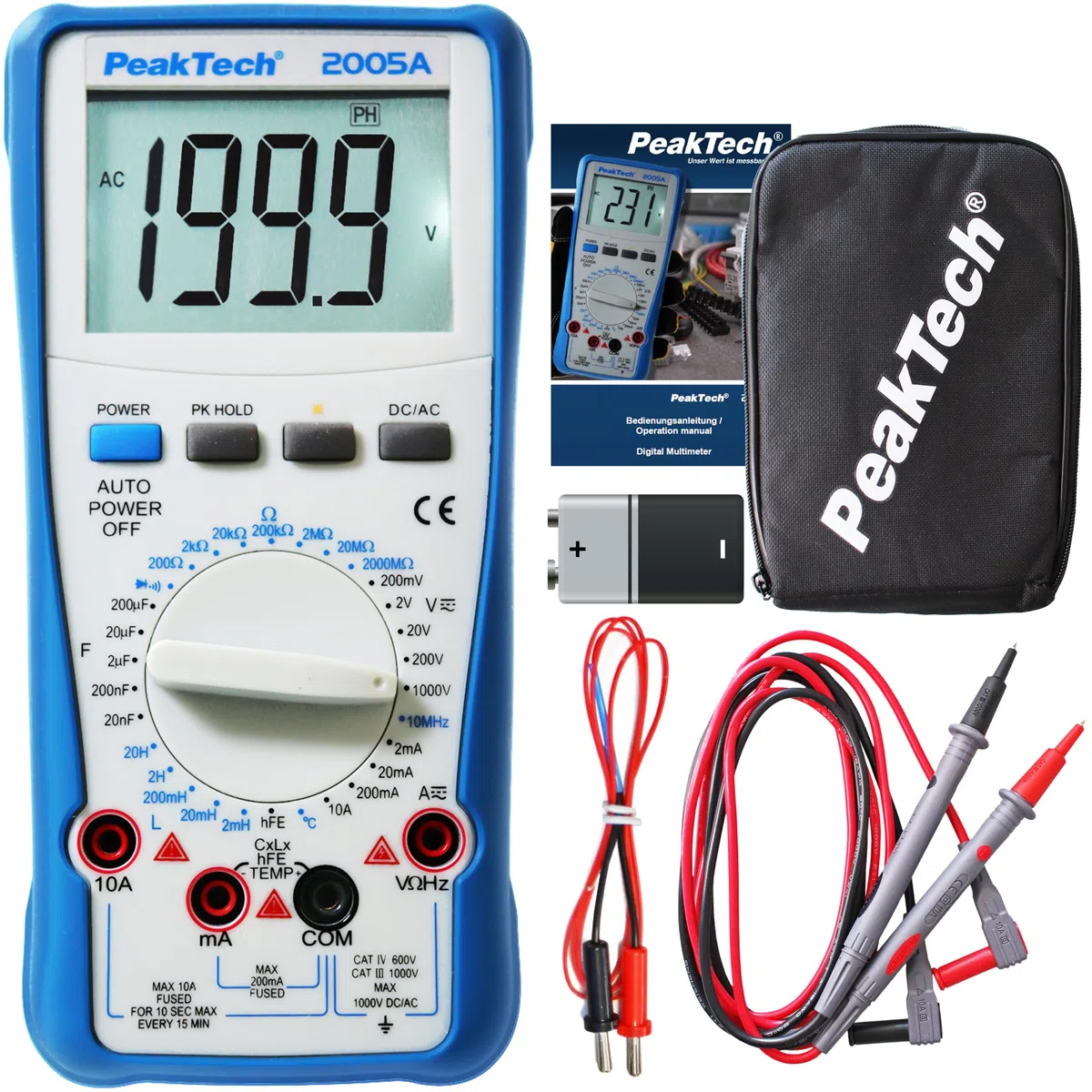 PeakTech P 2005 A – Digital Multimeter mit LCD-Anzeige – Strommessgerät mit 2000 Counts – Profi-Messgerät für Elektriker mit Auto-Hold Funktion – CAT III 1000V – Blau