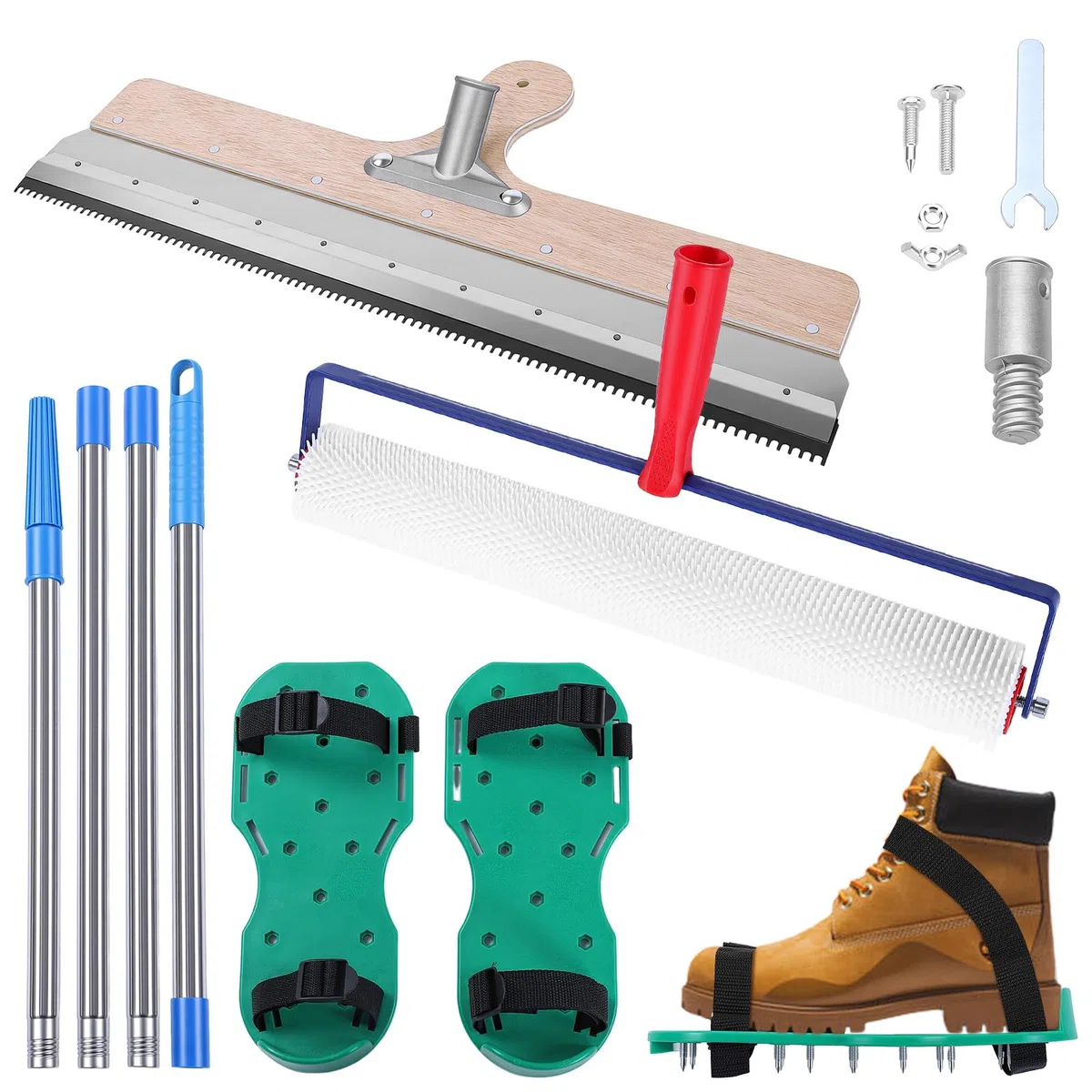 Bodenbeschichtung Set, Stachelwalze Ausgleichsmasse - 56cm Stehrakel, 48cm Entlüftungswalze und 30cm Nagelschuhe | Edelstahl Stehrakel mit Teleskopstiel 200cm | Keine Biegearbeiten