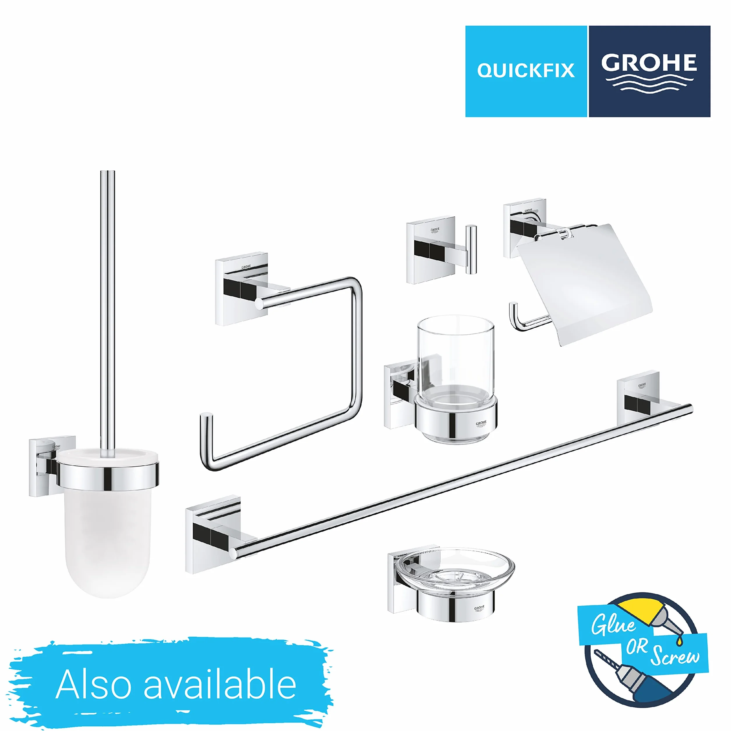 GROHE Start Cube, Handtuchring ohne Bohren (Handtuchhalter eckig, zum Kleben oder Bohren, inkl. Schrauben & Dübel, ohne Kleber, 5kg belastbar, verdeckte Befestigung), eckig, chrom, 40975000