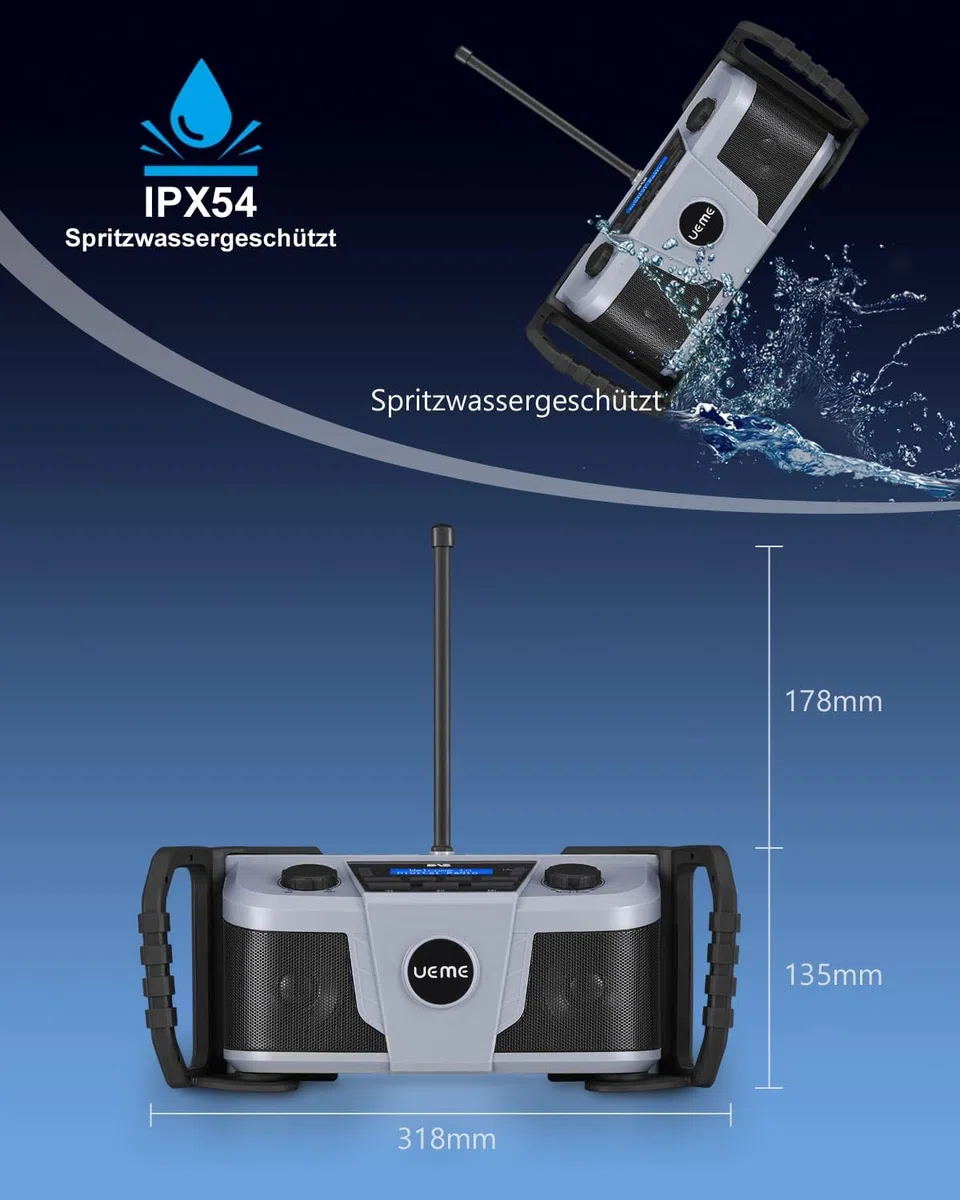 Baustellenradio DAB+ FM mit Akku, IP54 Wasserdicht & Staubdicht, Akku-Laufzeit bis 10h, 6W Stereo Lautsprecher, Bluetooth 5.0/Aux, Outdoor Digitalradio UKW mit Wecker(Grau)