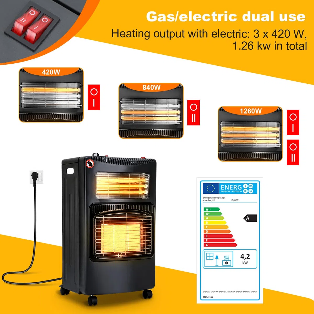 Gasheizer 4200W, Elektroheizung 1260W, Gas Heizstrahler inkl. Gasdruckregler, Gasschlauch, Gasheizofen, Infrarot Keramikbrenner, Butan- oder Propangasflaschen bis 15kg