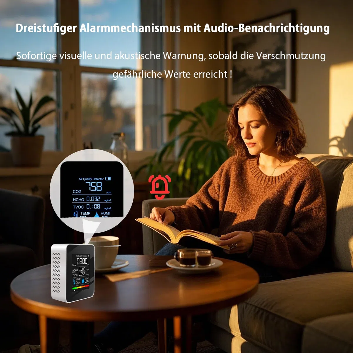 Professioneller Luftqualitätsmessgerät CO₂ – 5-in-1 Luftqualitätsmonitor für Innenräume,präziser CO₂ Messgerät zur Messung von CO2,HCHO, TVOC,Temperatur & Luftfeuchtigkeit,ideal für Zuhause, Büro
