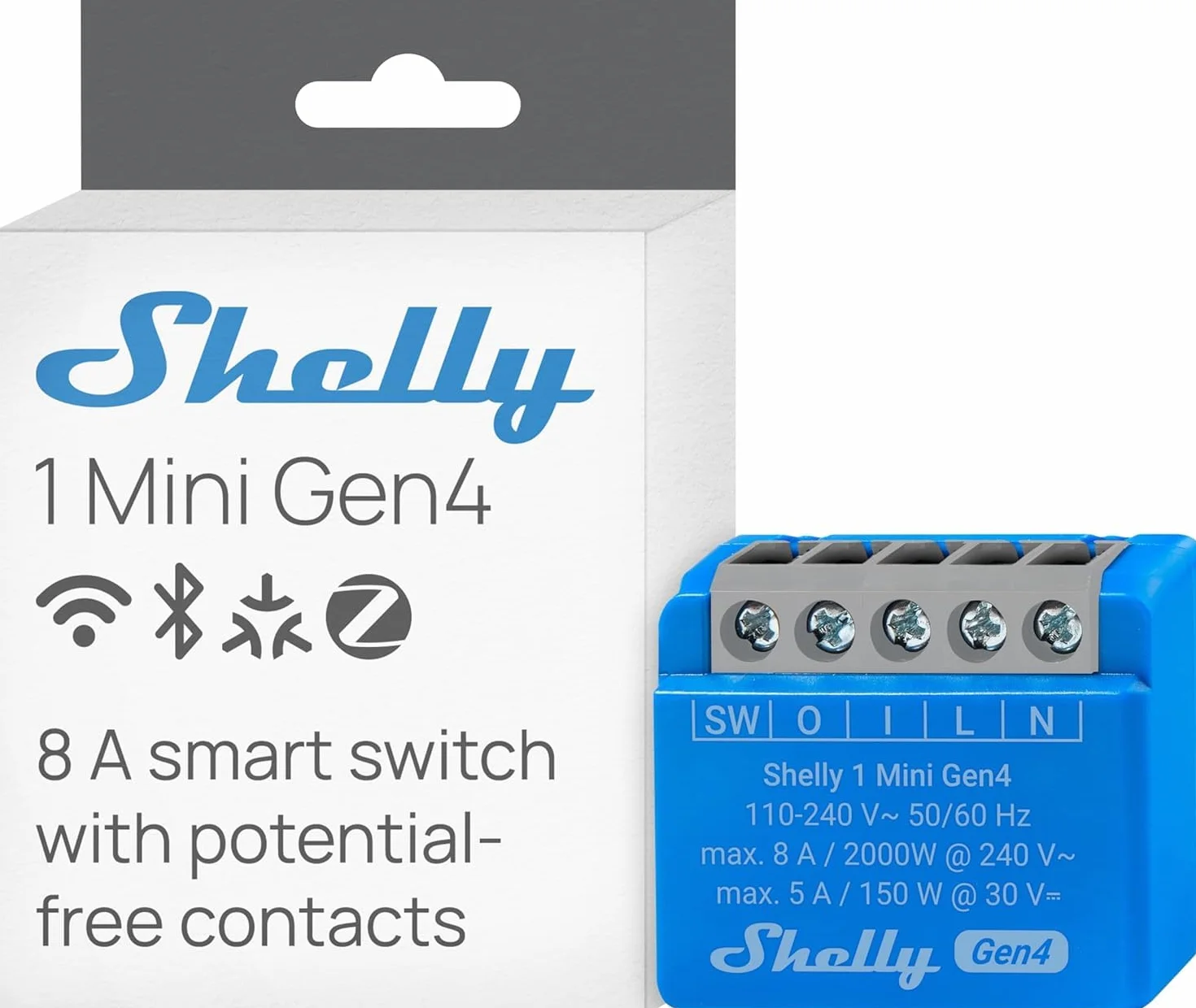 Shelly 1 Mini Gen4, 4er Pack, WLAN-Smart-Relaisschalter, 1 Kanal, 8A, Potentialfreier Kontakt, Hausautomation, Fernsteuerung, Kein Hub Erforderlich, Alexa, Google Home, Apple HomeKit, Zigbee & Matter