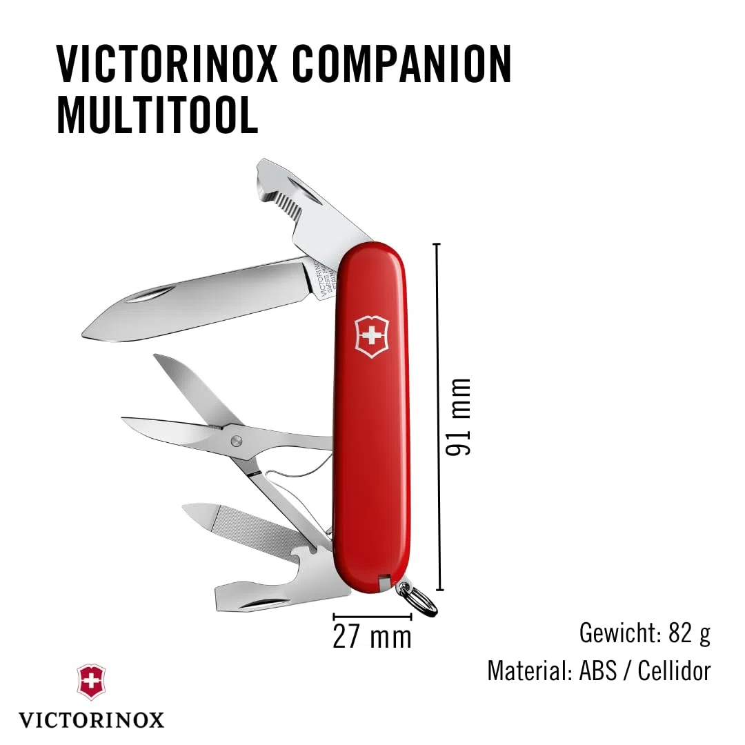 Victorinox Taschenmesser Companion, 16 Funktionen, Multitool, Taschenwerkzeug, Inkl. Schere, Schraubendreher, Kugelschreiber, Swiss Made, Rot | Schweizer Armeemesser | Mittleres Schweizer Taschenmesser | kleines Taschenmesser für Herren | Alltag
