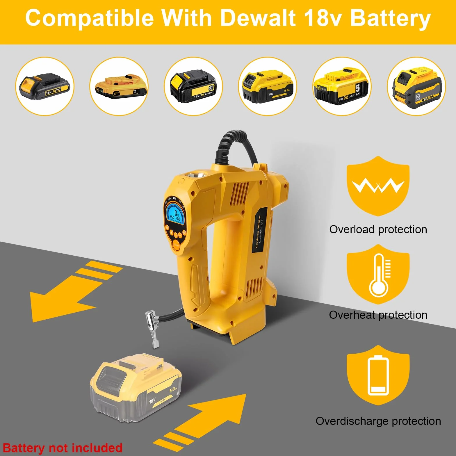 QUPERR Akku Kompressor kompatibel mit Dewalt 18V Akku, Elektrischer Luftkompressor bis 10,34 bar mit LED-Licht & Autostopp, Tragbare Luftpumpe für Auto, Motorrad, Fahrrad, Bälle (ohne Akku)