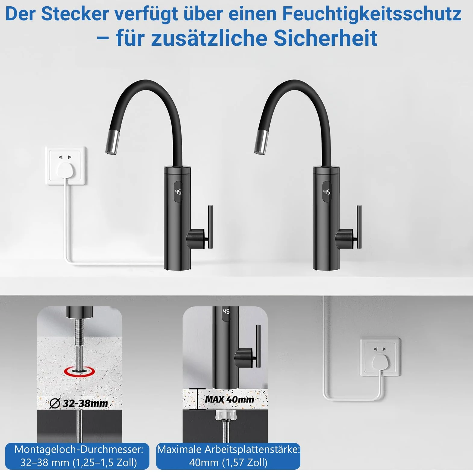 Wasserhahn mit Durchlauferhitzer, 3300W Edelstahl Elektrischer Wasserhahn mit Durchlauferhitzer mit 40cm Wasserversorgungsrohr, 360º Drehung LED Sofortiger Warmwasserhahn Schwarze