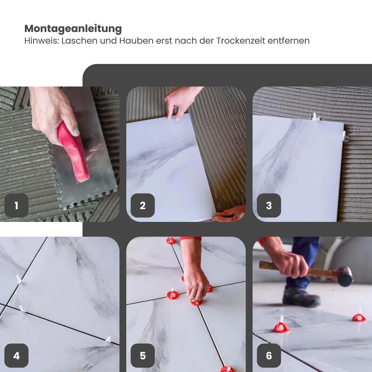 Fliesen Nivelliersystem, 2mm, Set: 1300tlg., 1000 Laschen + 300 Hauben, Verlegehilfe Set, Fliesenleger Werkzeug, Fliesenkeile Kunststoff, Abstandshalter Fliesen, Verlegesystem