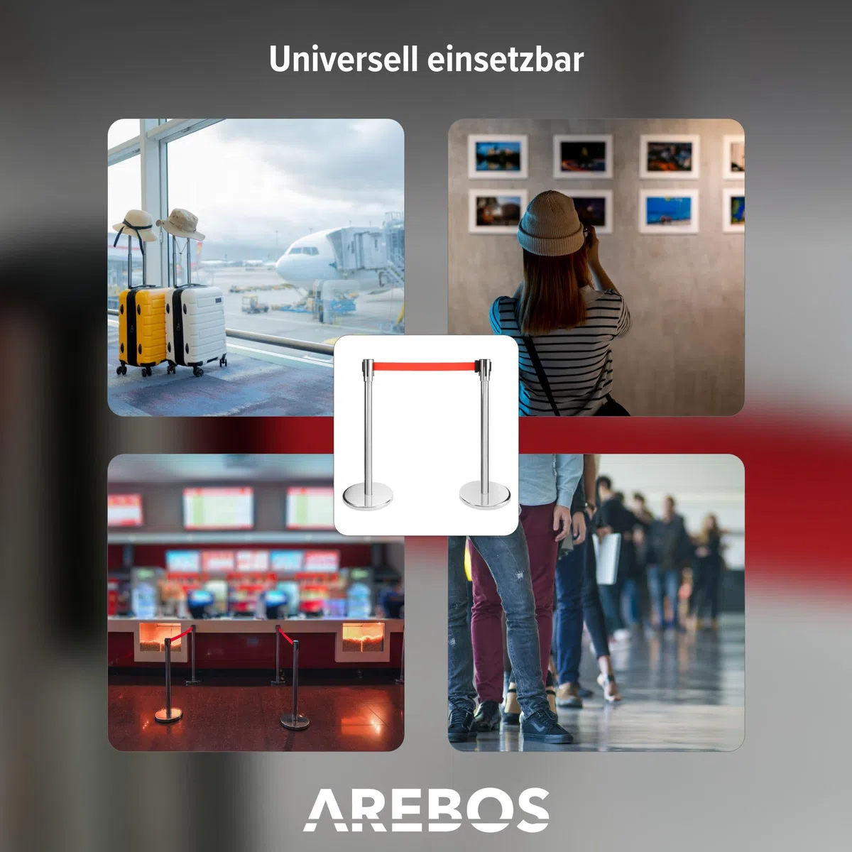 Arebos Personenleitsystem | 2 Stück | Absperrständer | Absperrpfosten | Absperrung ausziehbar | Absperrband ausziehbar | Rot | 190 cm | Edelstahl