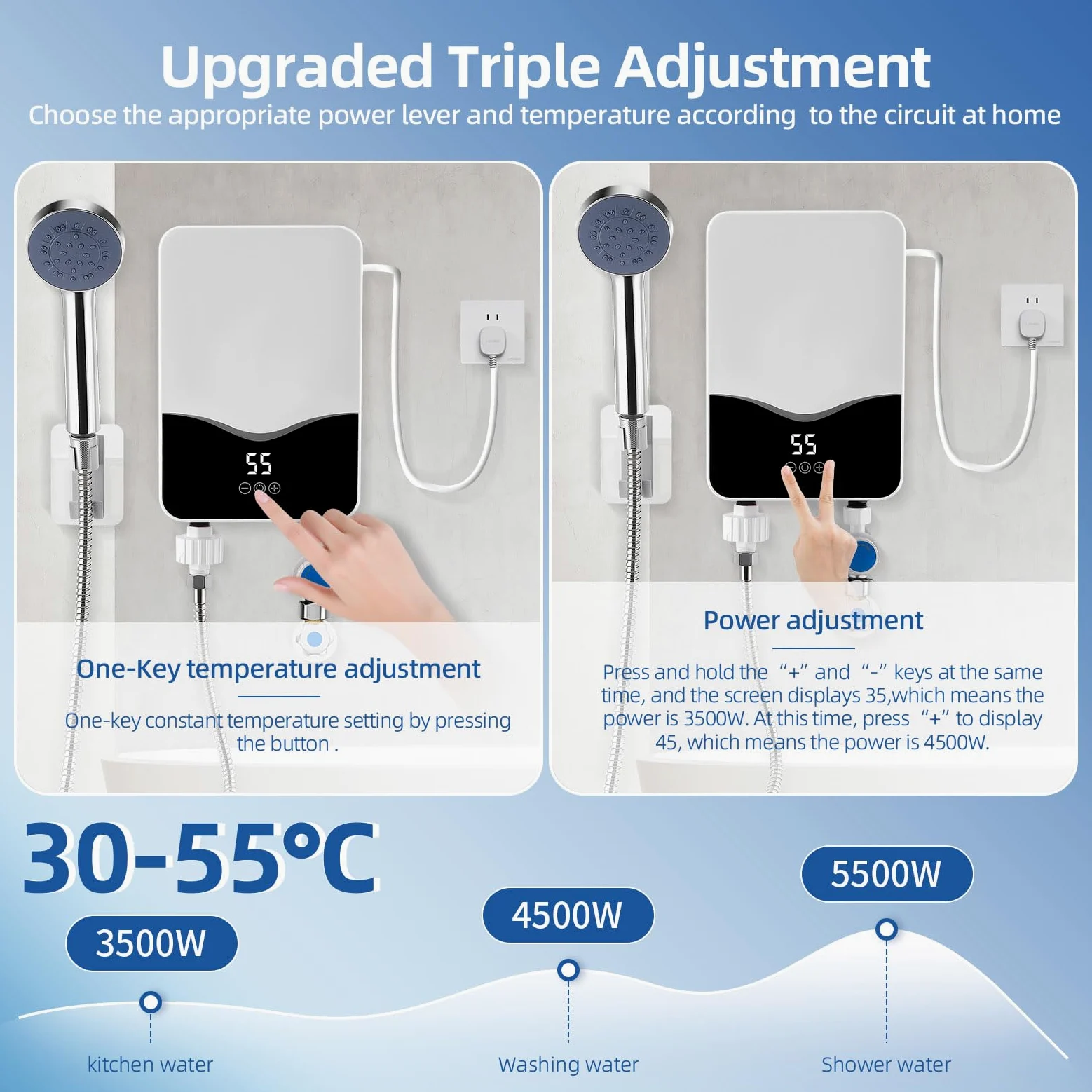 Elektrischer Warmwasserbereiter 5500 W Durchlauferhitzer mit LED-Temperaturanzeige, einstellbar von 30–55 °C IPX4 wasserfest, Wandmontage geeignet für Dusche/Küche (A01)