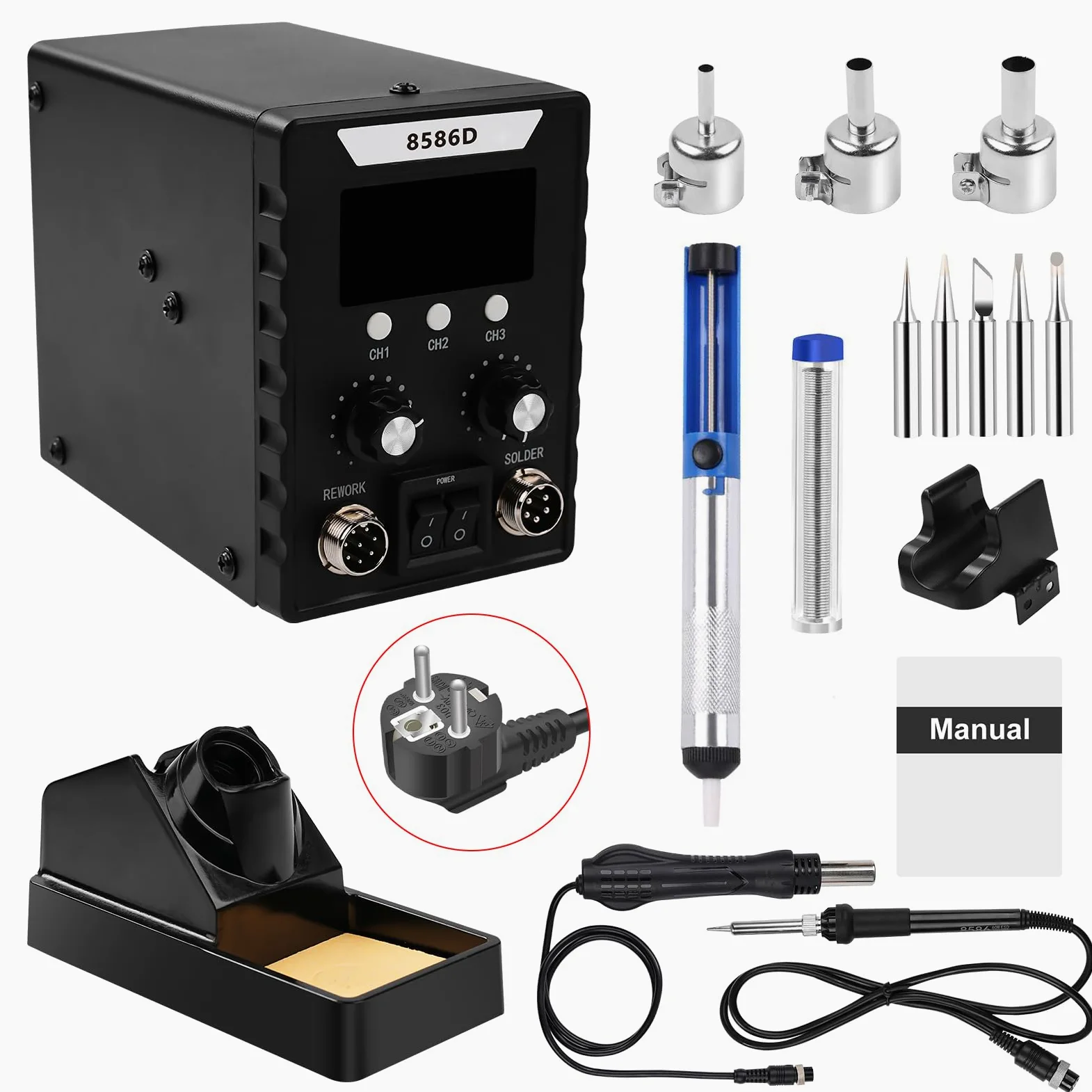 Profi Lötstation, 2 in 1 Heißluft Lötstation Lötkolben Set 8586D, Einstellbare Temperatur 180℃-500℃ mit 3 Luftdüsen für Elektrische Arbeiten Elektronische Reparatur