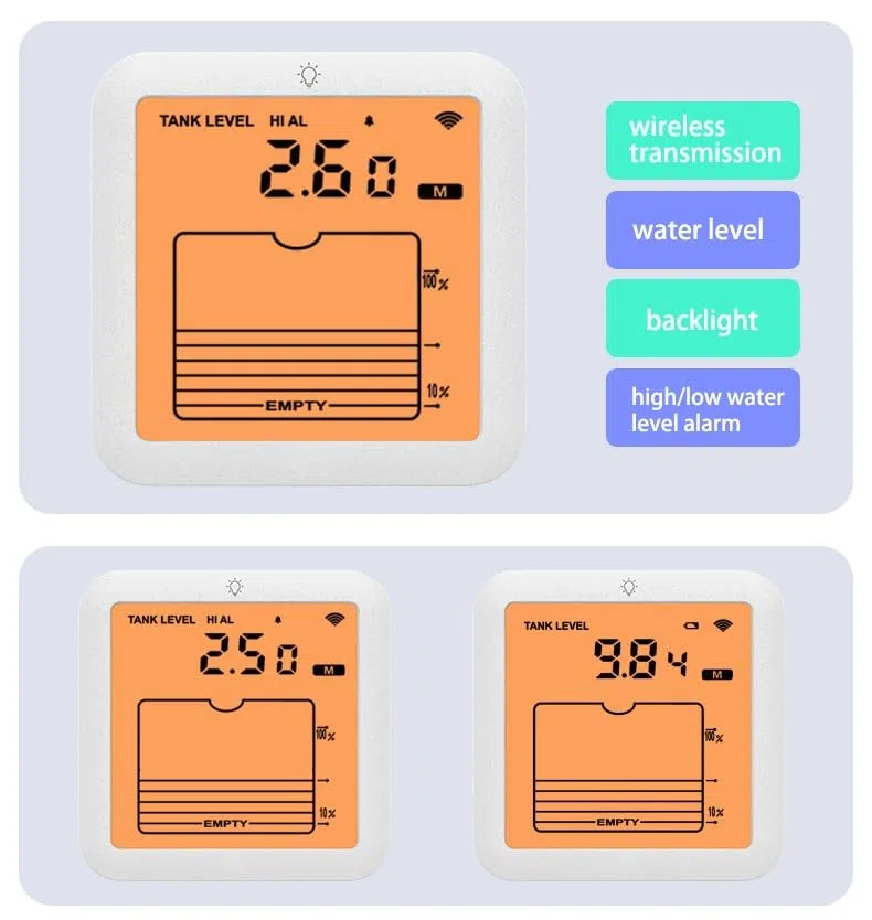 Digitales Wasserstandsmessgerät mit Hintergrundbeleuchtung, 1-5 m Messbereich, akustisches Alarm bei hohem/niedrigem Füllstand, Übertragungsreichweite bis 100 m, für Tanküberwachung