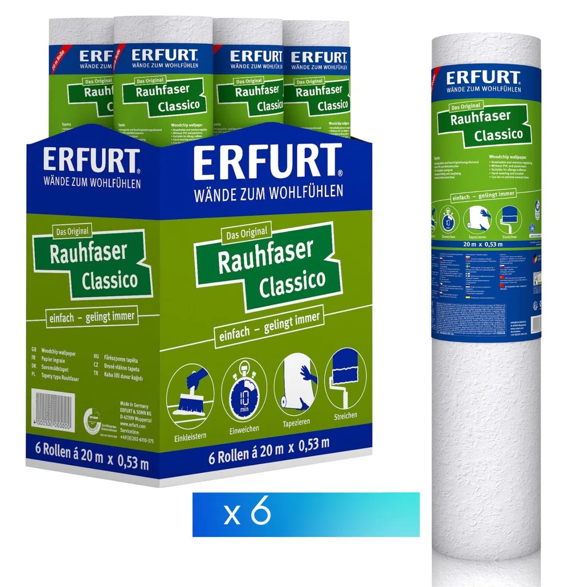 Erfurt Rauhfaser Tapete Classico DIY 20X0.53 strukturierte Rauhfasertapete 6 Rollen 1003233