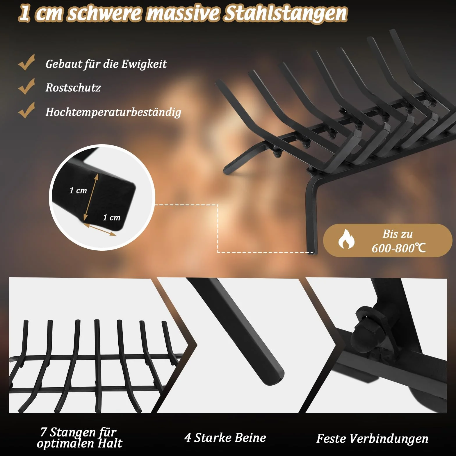 GOPLUS Kaminholzrost 46 cm, robuster Feuerrost aus Schmiedeeisen, Brennholzhalter mit 7 Metall Stangen, Feuerbock mit Füßen, bis 50kg belastbar, für Innen & Außen