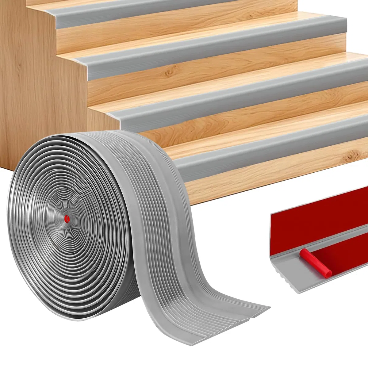 15 Meter Rutschfeste Treppenkante, Selbstklebend PVC Treppenkanten-Schutzprofil, Flexible PVC-Gummistufen-Kantenleiste, für Außen- und Innenbereich (15M/48mm+22mm, Grau)