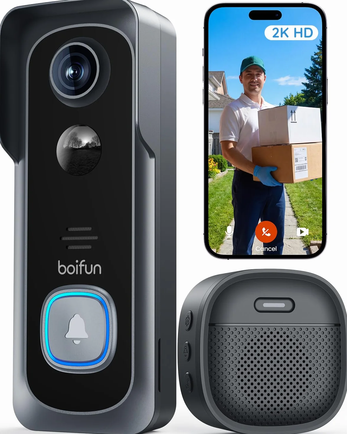BOIFUN WLAN Video Türklingel mit Kamera, Ultra-HD-Funkklingel mit Kamera,Alexa-kompatibel, Nachtsicht, PIR Bewegungserkennung, 2-Wege-Audio, SD- & Cloud-Speicher, mit Chime, 2.4GHz, Schwarz