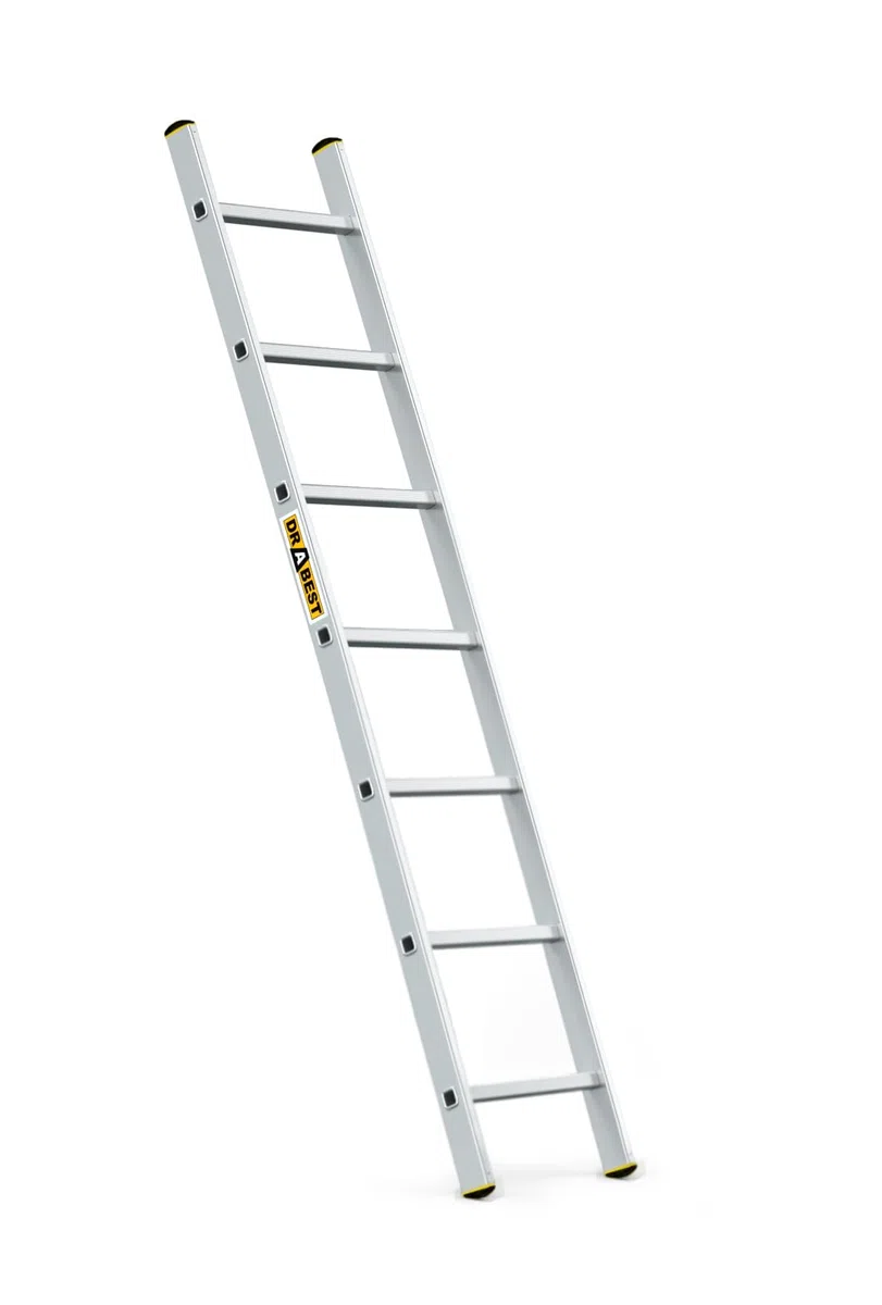 DRABEST PRO Serie Anlegeleiter Aluminium-Stufenleiter - 7 Stufen - mit Leiterhaken - Tragfähigkeit 150 kg - Anti-Rutsch-Füße, Leichtes Gewicht, korrosionsbeständig - EN131