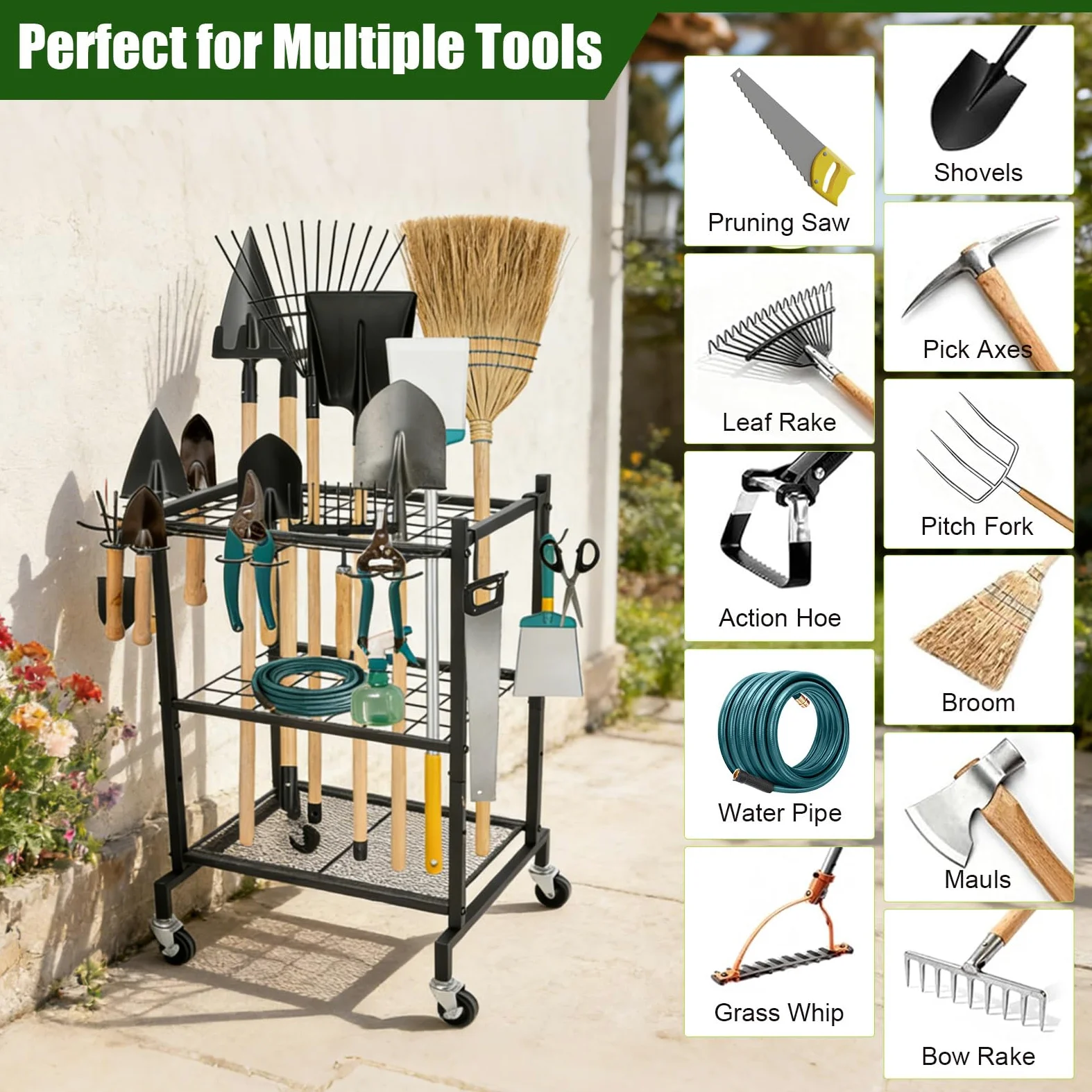 Gartenwerkzeug Organizer Garage Standregal,4 Haken und 35 Schlitze, Kohlenstoffstahl, Mehrzweck Gartengerätehalter mit Rollen, für Schuppen Besen, Mopp, Rechen, Schaufel, Gartenschlauch