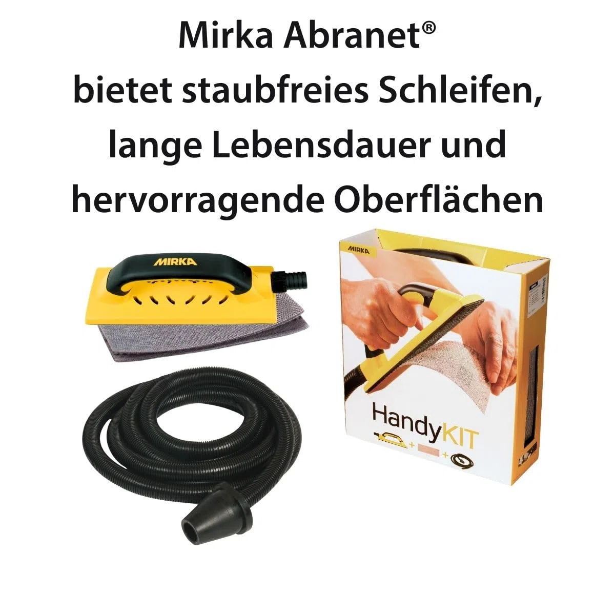 Mirka Handschleifer Handy Kit Schleifblock 80x230mm mit Absaugung | Inklusive Absaugschlauch und Abranet Schleifstreifen für staubfreies Schleifen ideal für Trockenbau und Renovierungsarbeiten