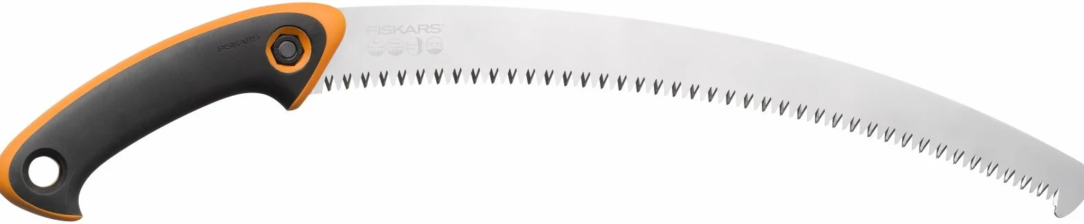 Fiskars Profi Handsäge für frisches Holz, Grobzahnung, Hochwertiges Stahl-Sägeblatt, Inklusive Aufbewahrungsköcher, Schwarz/Orange, Sägeblattlänge: 33 cm, SW-330, 1020199