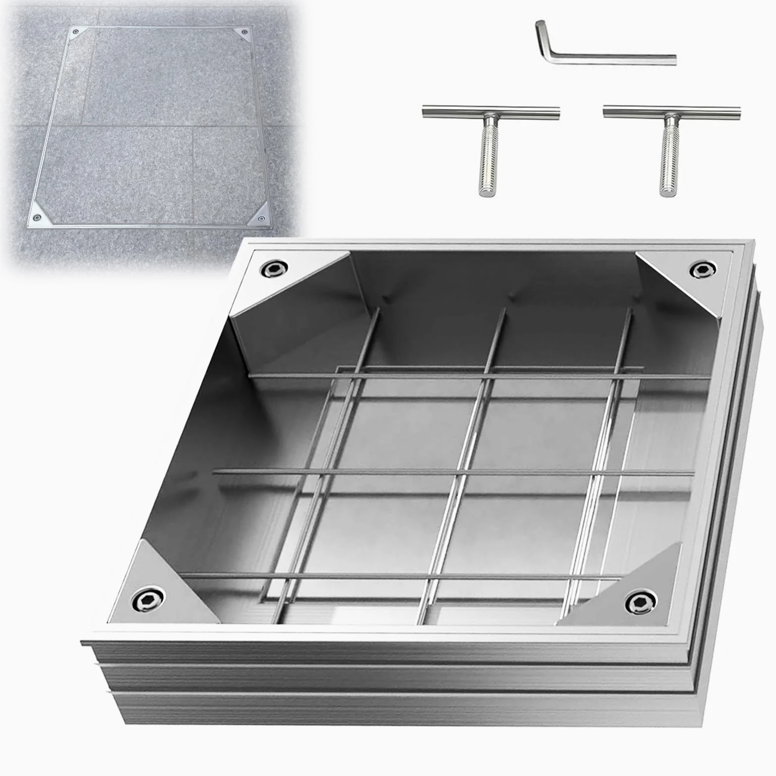 LIROPAU Schachtabdeckung 300x300mm Aluminium Versenkte Schachtdeckel, Eingebettete Schachtabdeckung und Rahmen für Innen- und Außen Szenen, Höhe 60mm