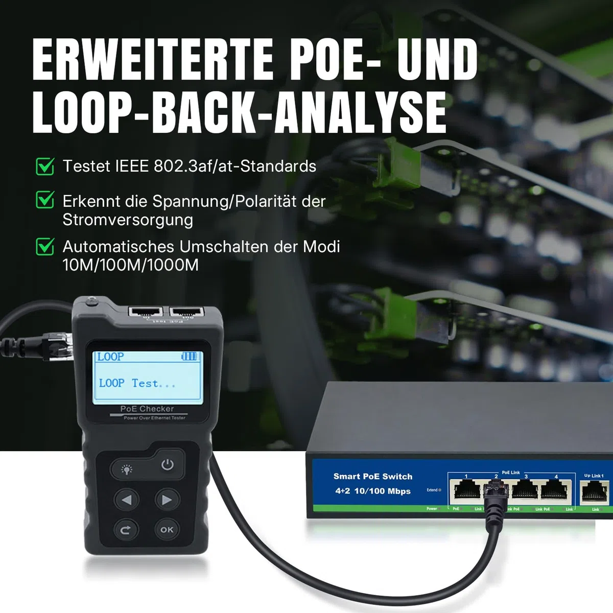 Multifunktions Kabeltester: RJ45 Netzwerktester mit PoE, Kontinuitätstest, Spannungsmessung & LED-Beleuchtung - Ideal für CAT5e/CAT6/CAT6a Ethernet Kabel