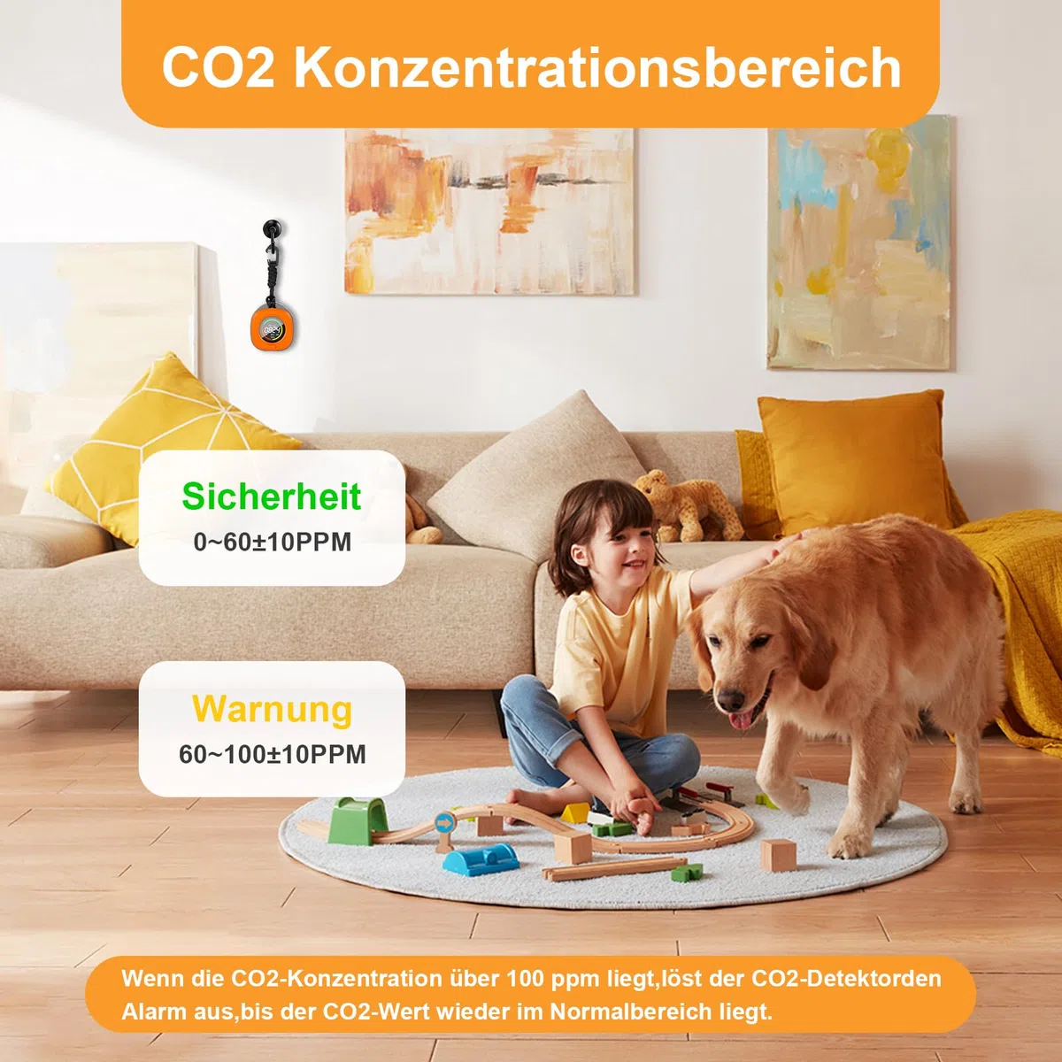 Tragbarer CO2 Melder, Mini CO2 Messgerät Luftqualitätsprüfer, CO2 Sensor mit Vollfarb LCD, Kontrollleuchte, Alarm, Automatische Kalibrierung, für Zuhause, Büro, Gewächshaus (Orange)