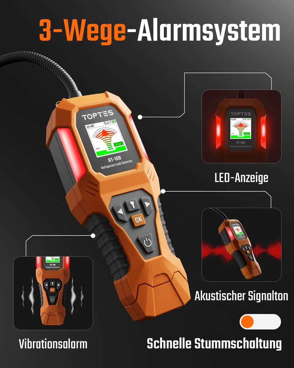 TOPTES RT-108 Kältemittel-Leckdetektor, HVAC Freon-Lecksuchgerät mit Halogen-Ionisationssensor, Klimaanlagen-Lecksuche mit 3 Empfindlichkeitsstufen für R134a, CFCs, HCFCs, HFCs – Orange
