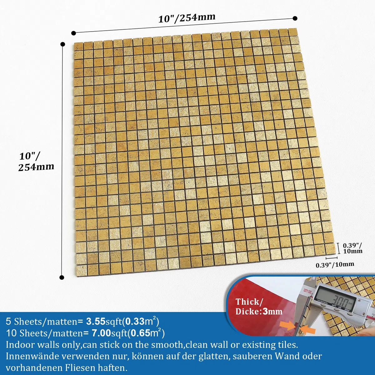 Mini Metallfliesen Selbstklebend Wandfliesen,Mosaik Fliesenaufkleber Selbstklebende Fliesen Quadratisch Küche Bad（Goldfolie,10 Stücke)