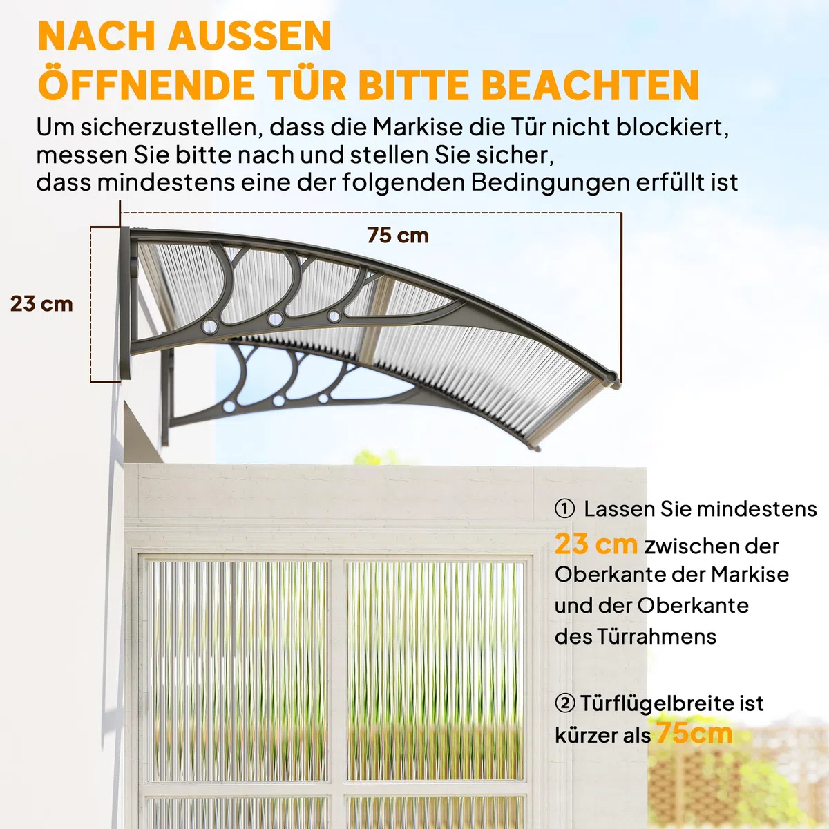 Outsunny Vordach für Haustür 100 x 75 cm Pultbogenvordach Überdachung aus Aluminium und Polycarbonat Pultvordach mit UV Schutz Haustürvordach für Balkon, Sonnenschutz, Regenschutz, Silber