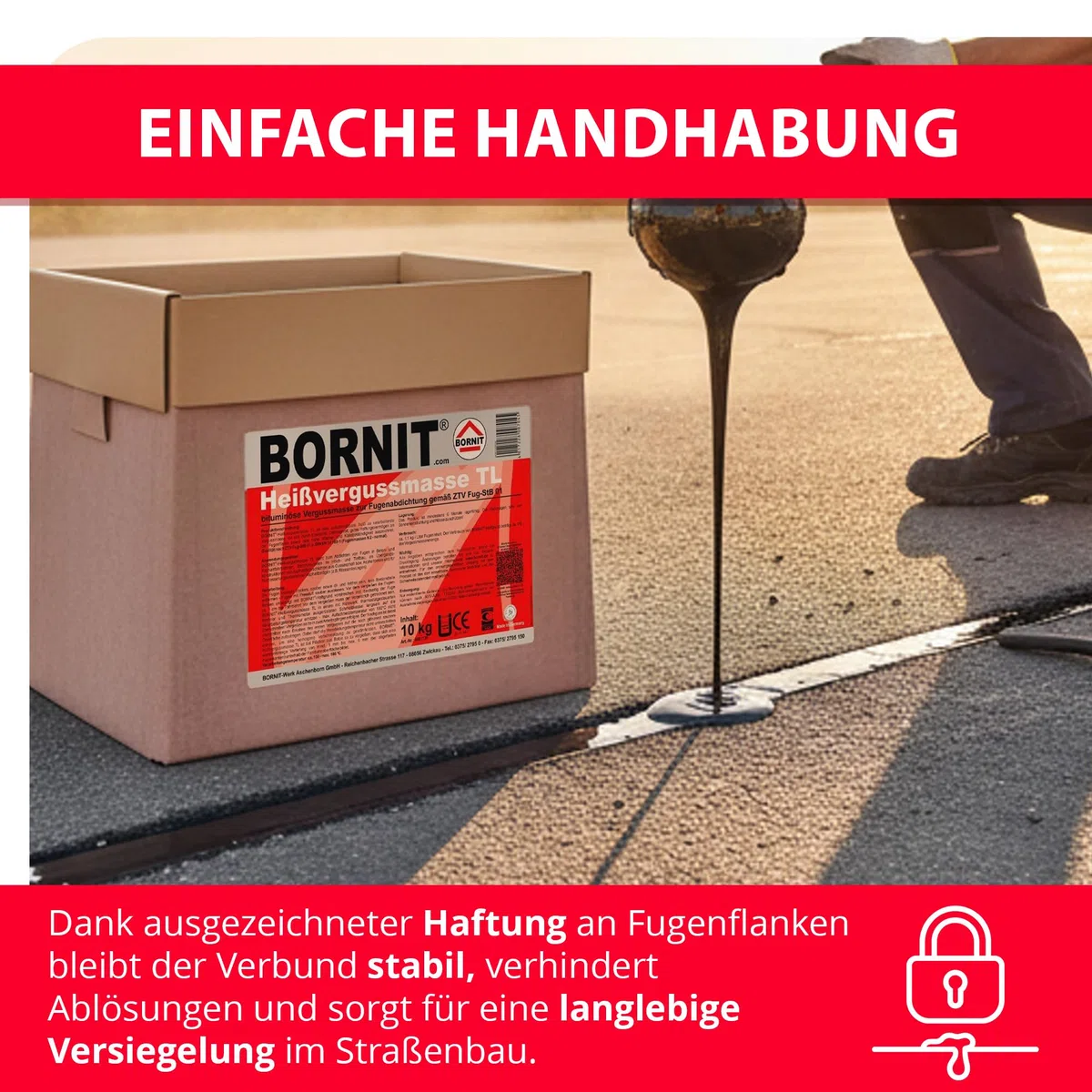 BORNIT Heißvergussmasse TL 10 kg Bitumen Dichtmasse Asphalt Rissfüller Asphalt Reparatur [polymermodifiziert] Straßen Vergussmasse elastische Fugenmasse Rissfüller für Asphalt Beton Brücke Baustelle