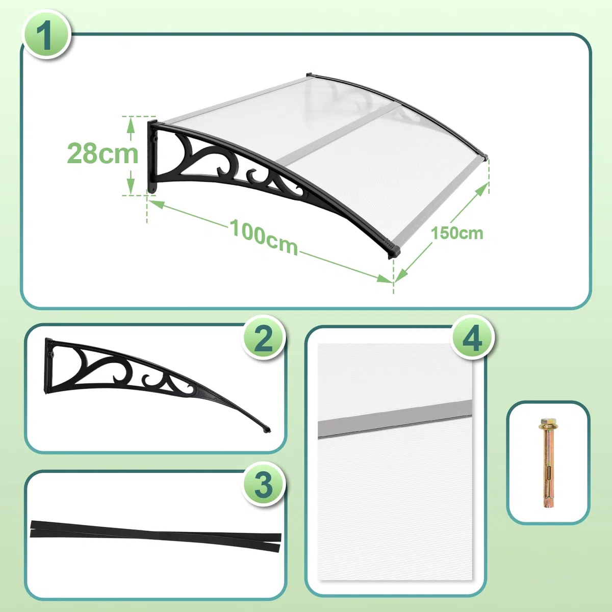 Gimisgu Vordach für Haustür 150 x 100 cm Pultbogenvordach Transparent Polycarbonat Pultvordach Überdachung 5 mm, PP Halterung,Türdach für draußen Sonnenschutz Regenschutz
