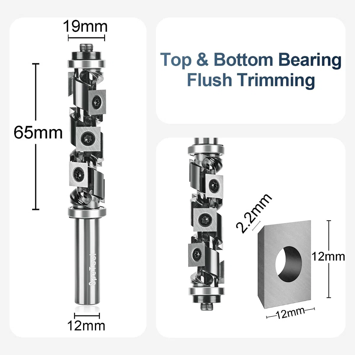 SpeTool Bündigfräser Wendeplatten Fräser 12mm Schaft VHM Spiralfräser Kopierfräser für Oberfräse 19mm Schnittdurchmesser Bündigfräser Kugellager Oben und Unten mit 7 Hartmetalleinsätze