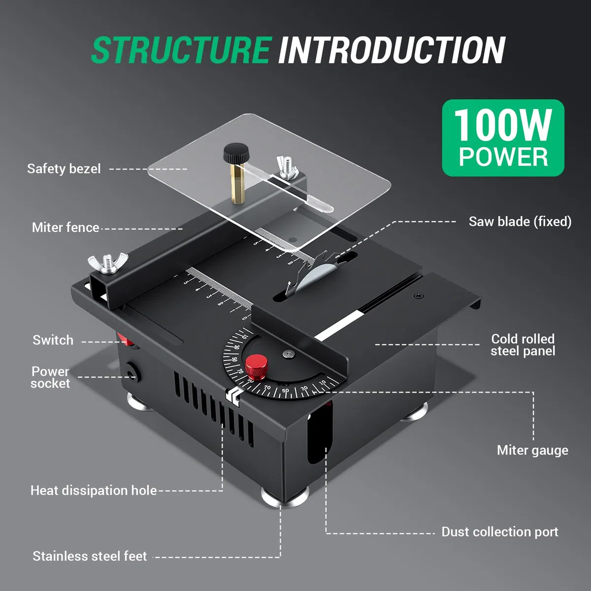 Mini Tischkreissäge mit 4 Klingen, 100W Mini Tischsäge mit 7-Gang-Netzteil Einstellbarer, 0,1-16mm Sägeblatt Höhenverstellbarer, Multifunktionale Tragbare Präzisions Kreissäge für Handwerk