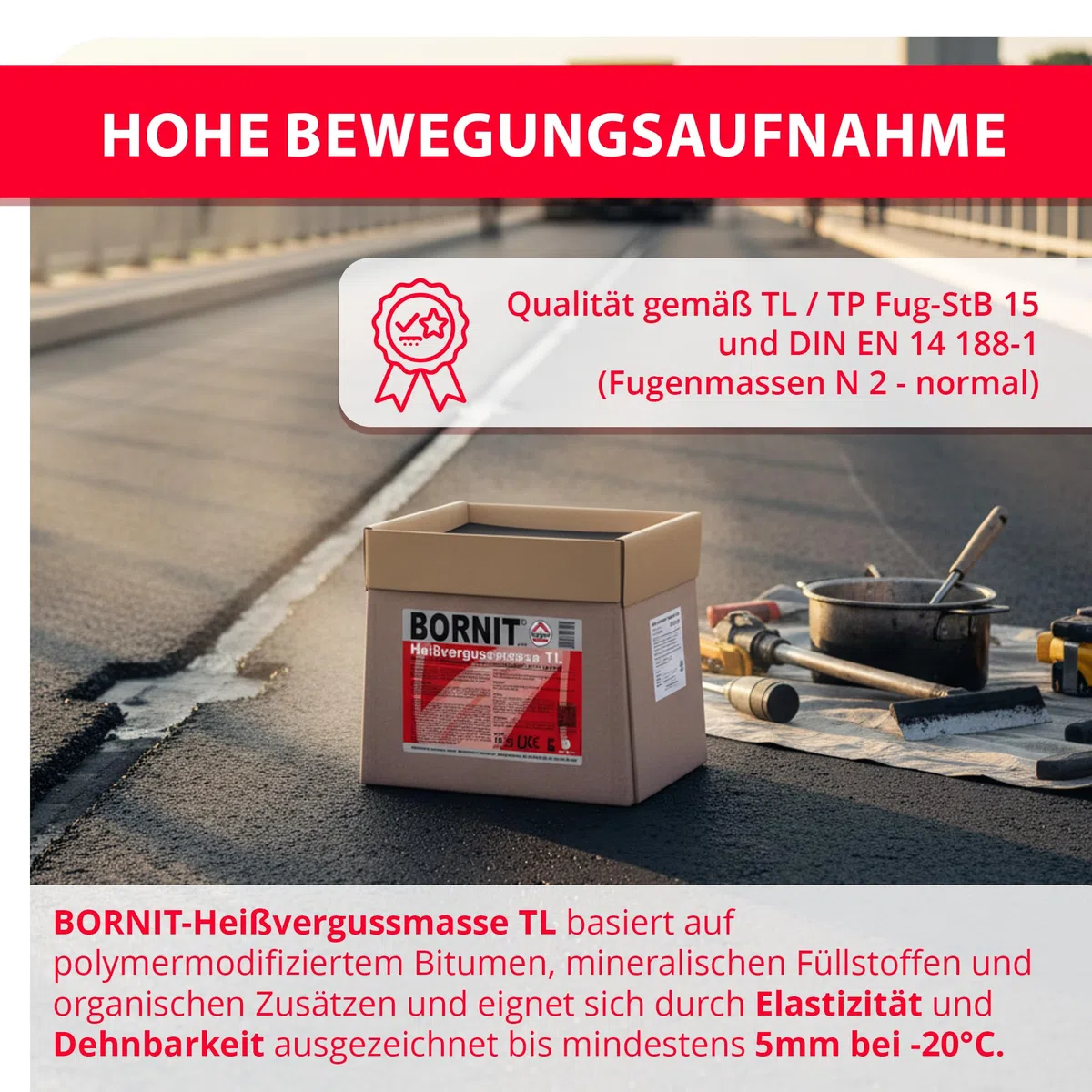 BORNIT Heißvergussmasse TL 10 kg Bitumen Dichtmasse Asphalt Rissfüller Asphalt Reparatur [polymermodifiziert] Straßen Vergussmasse elastische Fugenmasse Rissfüller für Asphalt Beton Brücke Baustelle