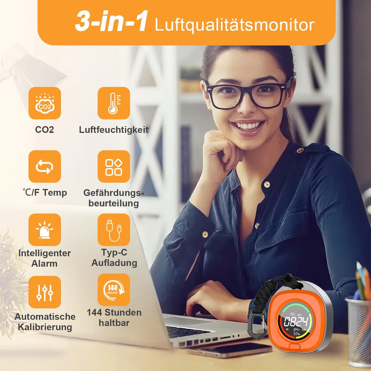 Tragbarer CO2 Melder, Mini CO2 Messgerät Luftqualitätsprüfer, CO2 Sensor mit Vollfarb LCD, Kontrollleuchte, Alarm, Automatische Kalibrierung, für Zuhause, Büro, Gewächshaus (Orange)