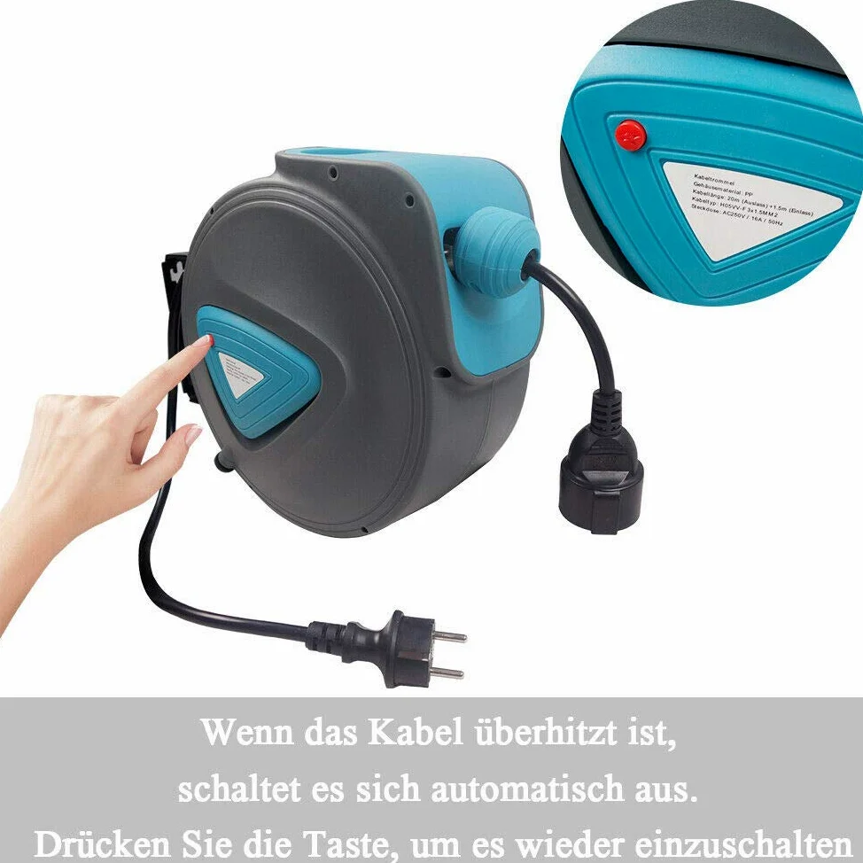 HENGMEI 20m Automatik Kabeltrommel Automatischer Kabelaufroller Elektrokabel Verlängerungskabel für Wandmontage