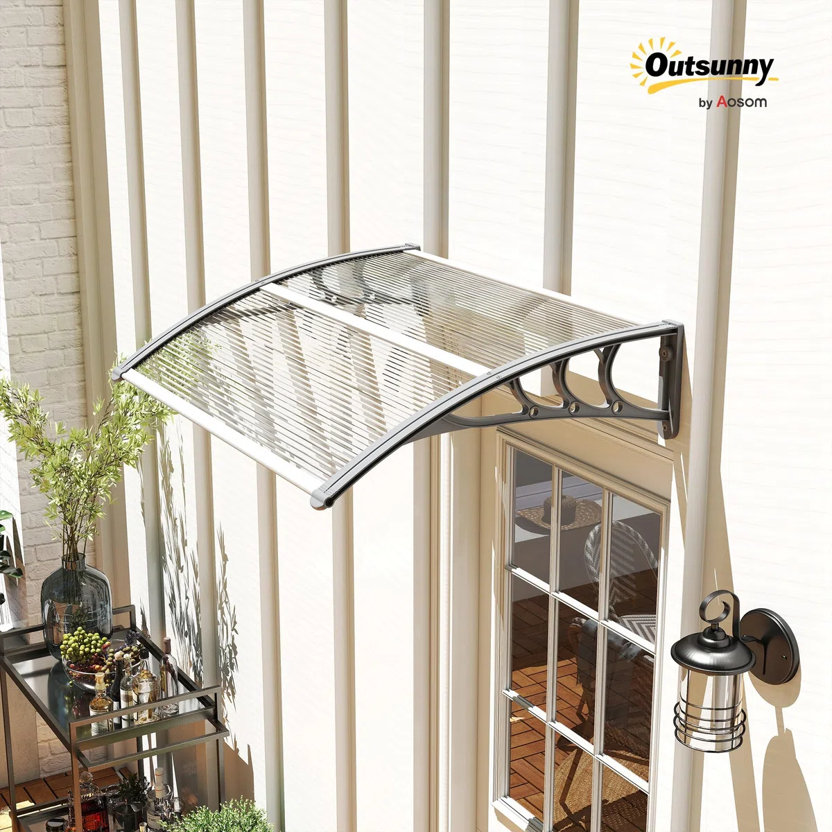 Outsunny Vordach für Haustür 100 x 75 cm Pultbogenvordach Überdachung aus Aluminium und Polycarbonat Pultvordach mit UV Schutz Haustürvordach für Balkon, Sonnenschutz, Regenschutz, Silber